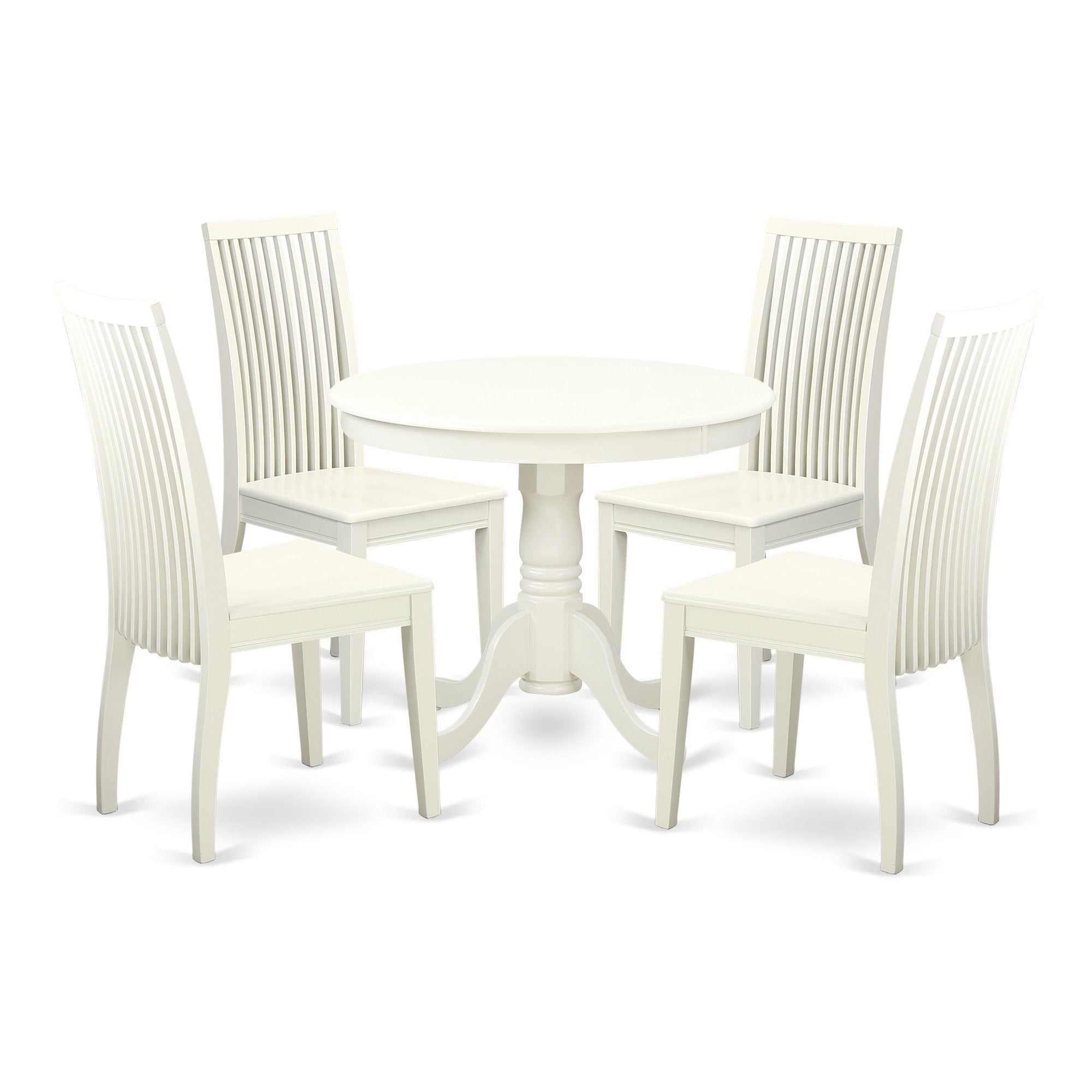 Ergode Anip5-Lwh-W, 5 Piece Kitchen Dining Set, Round Table & 4 Chairs, Premium Asian Wood, Linen Fabric Seats, Transitional Style, Easy Assembly, 36X36 Inch