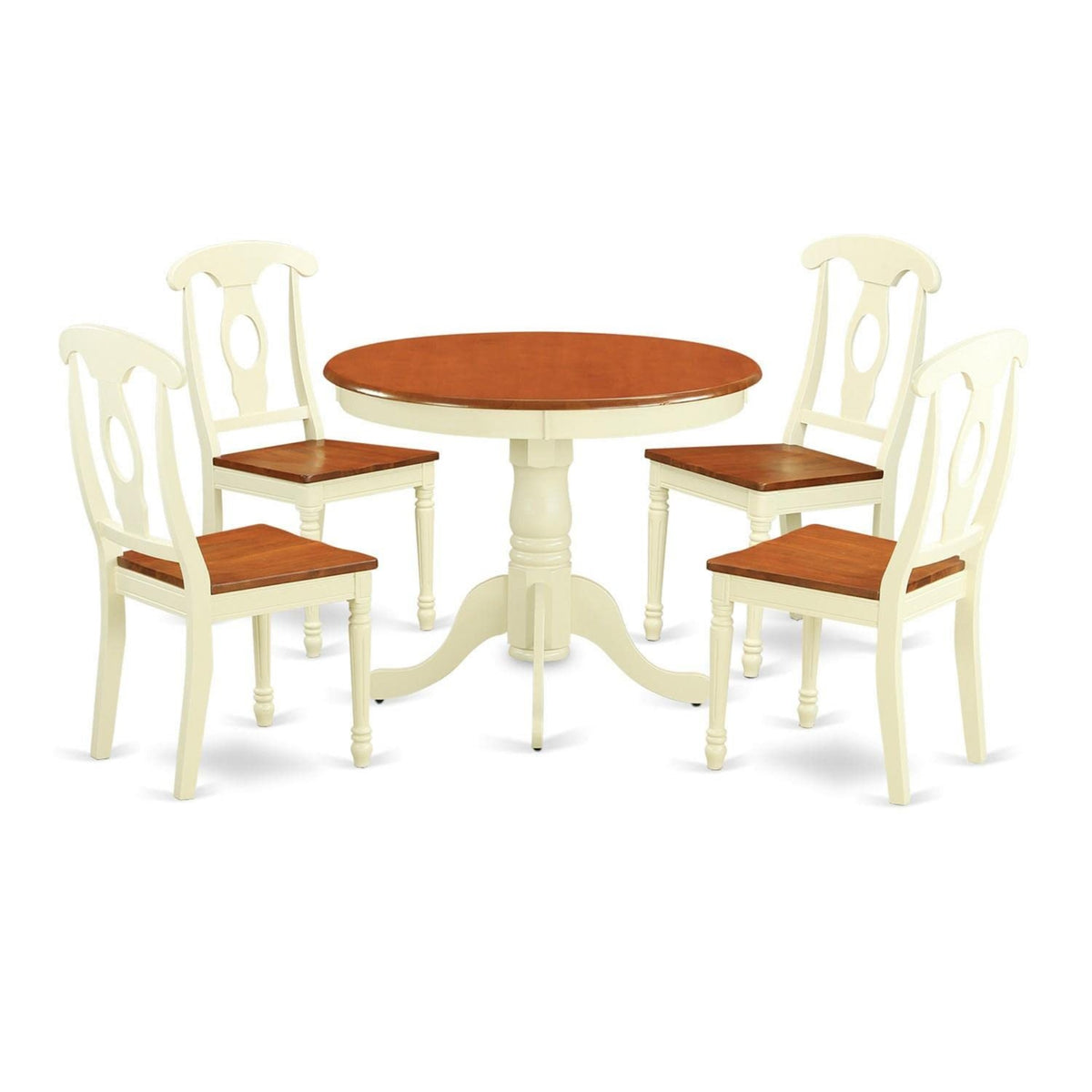 Casafoyer Anke5-Whi-W 5 Piece Room Furniture Set Includes A Round Dining Table With Pedestal And 4 Wood Seat Chairs, 36X36 Inch, Buttermilk & Cherry