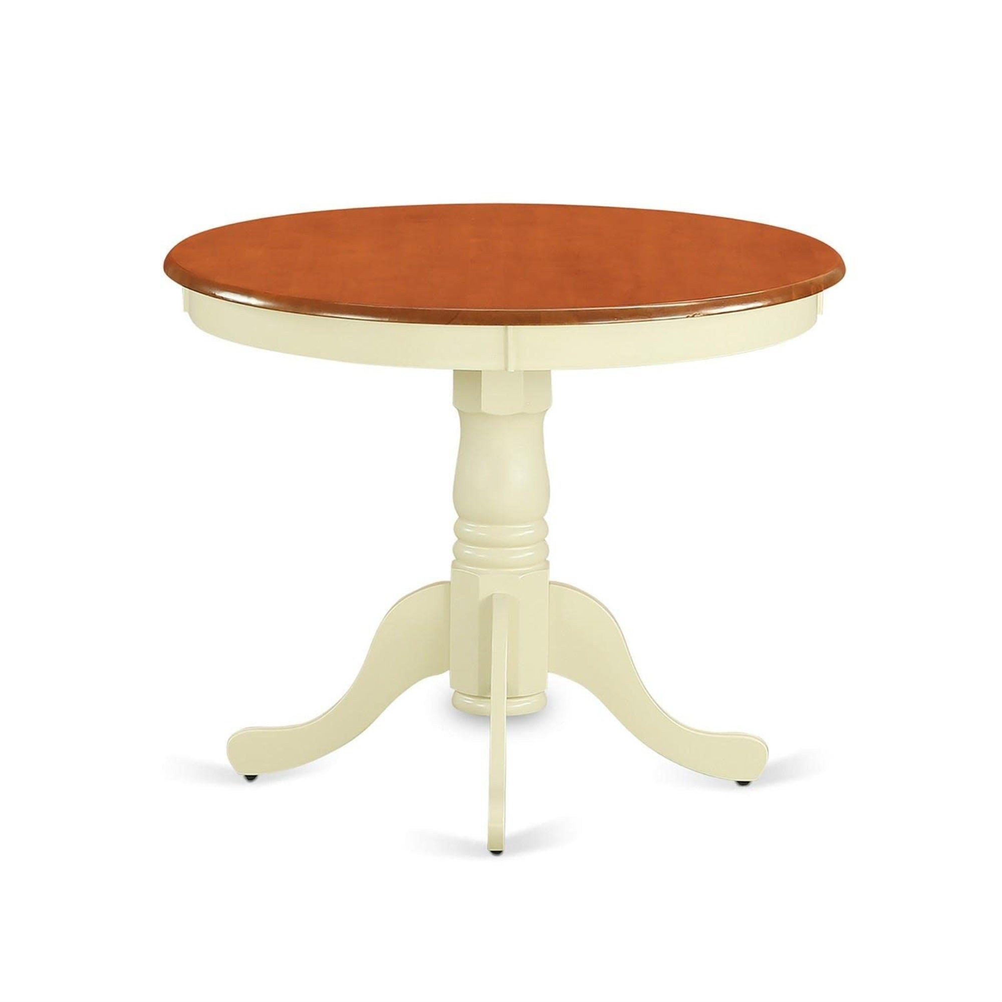 Anke5-Whi-W 5-Piece Kitchen Table Set, Ergode, Asian Wood, Sturdy & Stable, Modern Hardwood Structure, Comfortable Wooden Seat, Napoleon Back, Classic Design, 4 Chairs & 1 Round Table, Dimensions: Chairs - 21X18X38, Table - 36X36X29.5