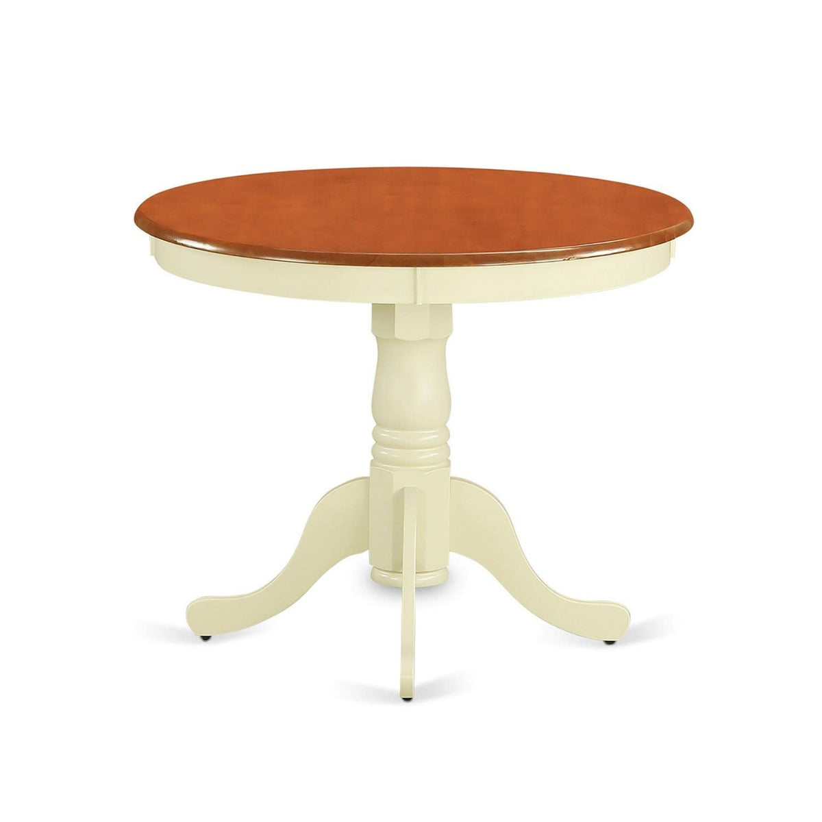 Anke5-Whi-W 5-Piece Kitchen Table Set, Ergode, Asian Wood, Sturdy & Stable, Modern Hardwood Structure, Comfortable Wooden Seat, Napoleon Back, Classic Design, 4 Chairs & 1 Round Table, Dimensions: Chairs - 21X18X38, Table - 36X36X29.5