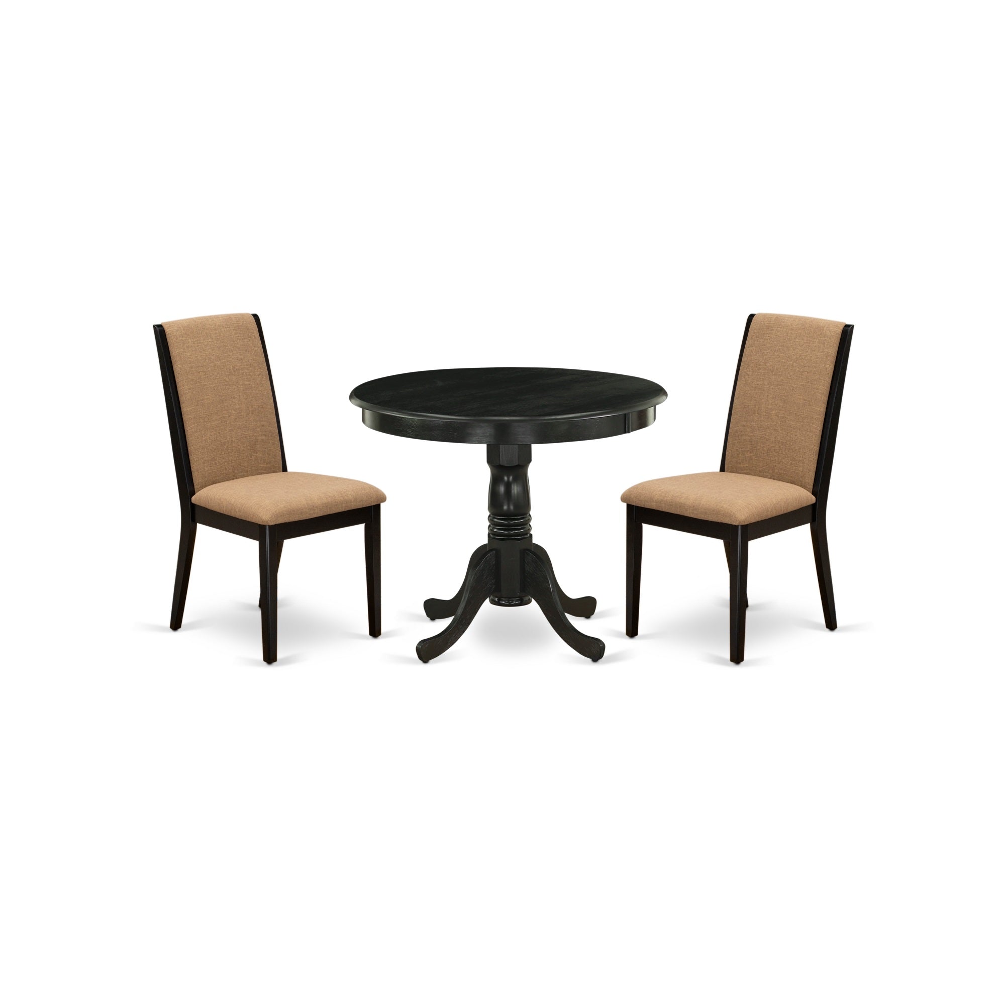 East West Furniture Anla3-Abk-47 3-Piece Wood Dining Table Set Included A Pedestal Dining Table & 2 Parsons Dining Room Chairs, Light Sable Linen Fabric Kitchen Chairs Seat With Rubber Wood Legs, Wirebrushed Black Finish