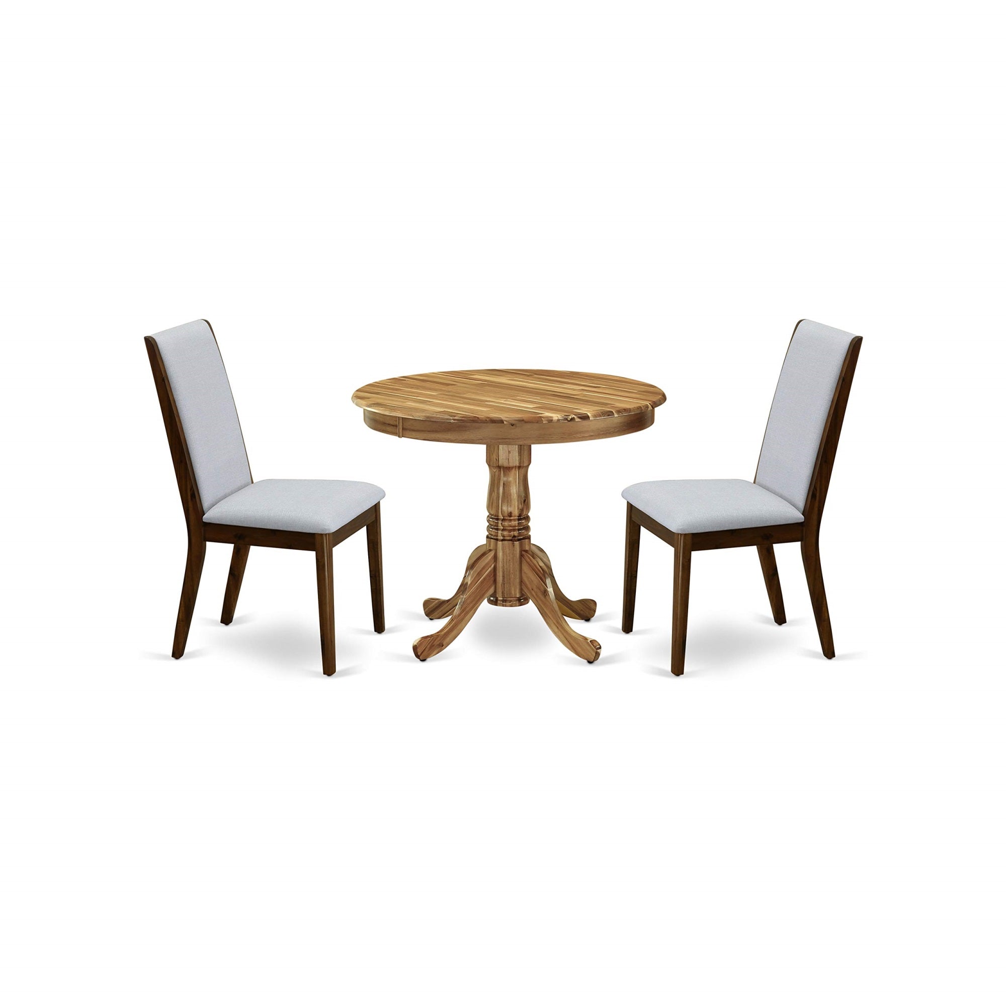 East West Furniture Anla3-Ana-05 3 Piece Set Contains A Round Kitchen Table With Pedestal And 2 Grey Linen Fabric Parsons Dining Chairs, 36X36 Inch