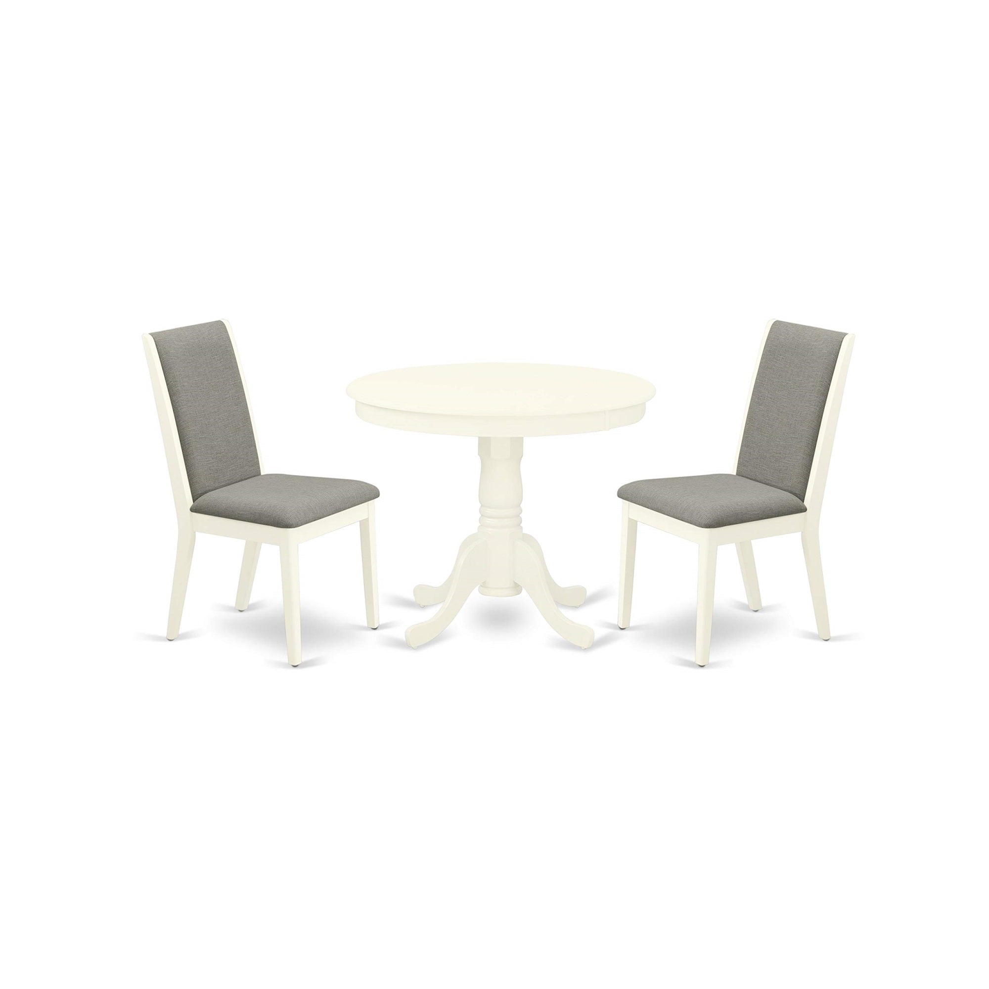 East West Furniture Anla3-Lwh-06 3 Piece Kitchen Set For Small Spaces Contains A Round Dining Table With Pedestal And 2 Shitake Linen Fabric Upholstered Chairs, 36X36 Inch