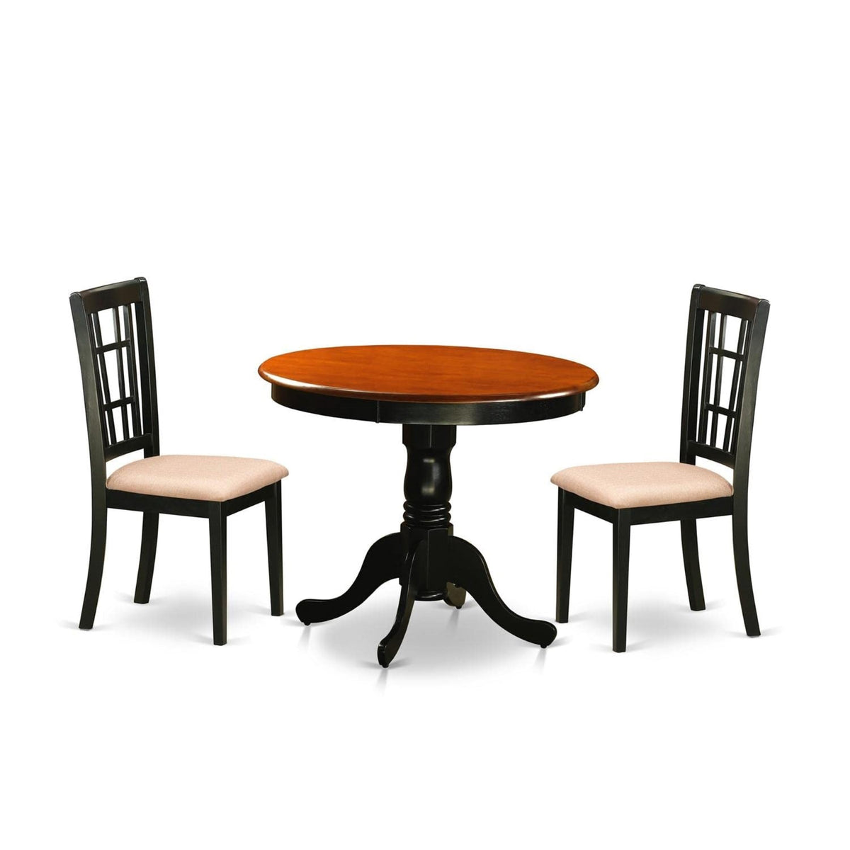 Casafoyer Anni3-Blk-C 3 Piece Dining Table Set For Small Spaces Contains A Round Kitchen Table With Pedestal And 2 Linen Fabric Upholstered Chairs, 36X36 Inch, Black & Cherry