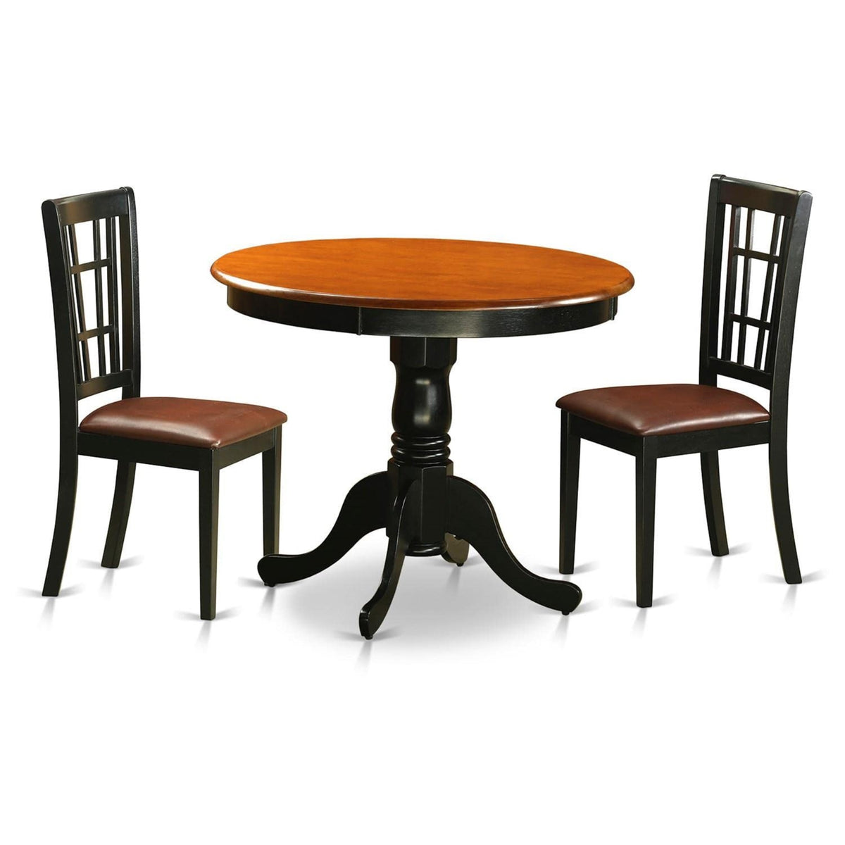 Casafoyer Anni3-Blk-Lc 3 Piece Dinette Set For Small Spaces Contains A Round Kitchen Table With Pedestal And 2 Faux Leather Upholstered Dining Chairs, 36X36 Inch, Black & Cherry