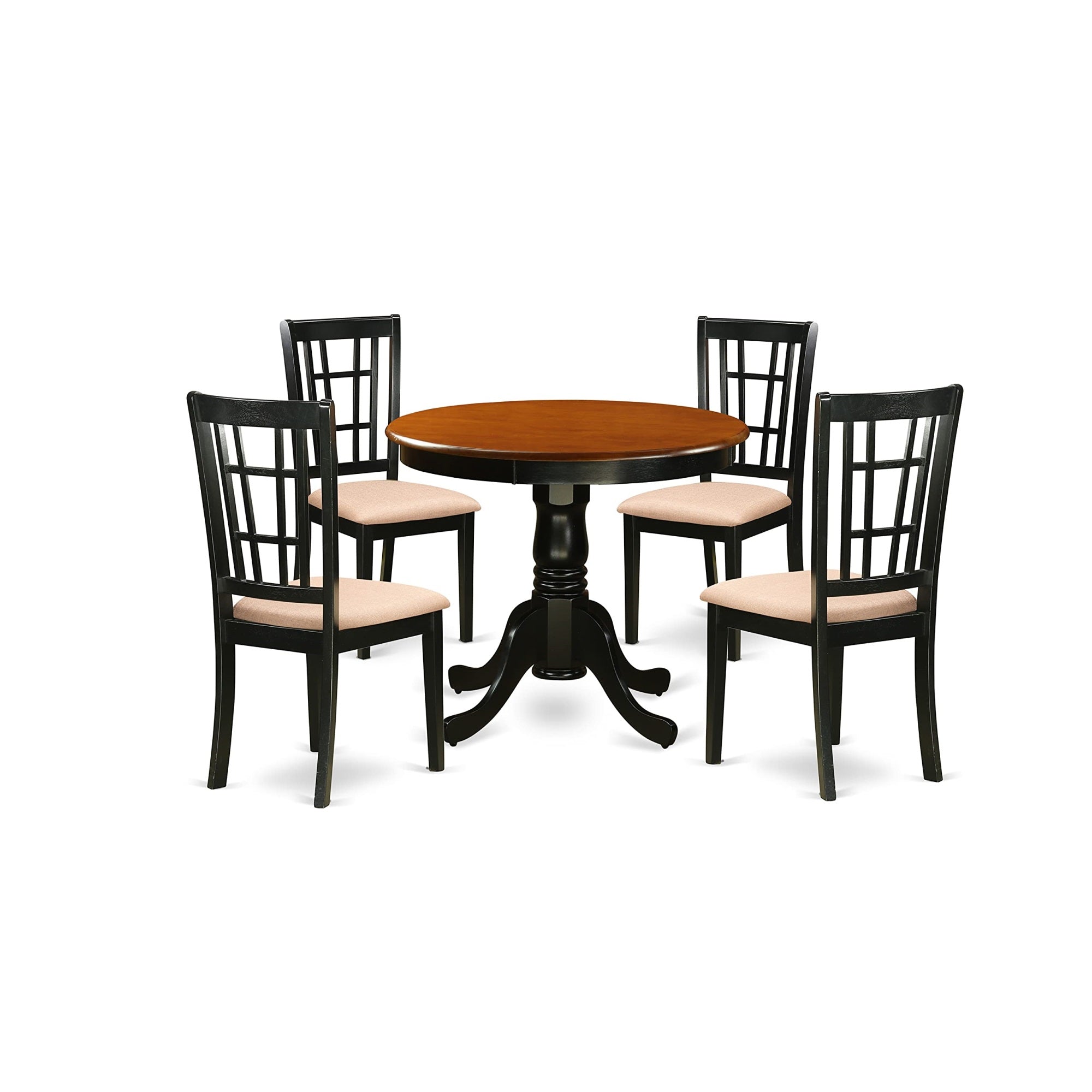 Ergode Anni5-Blk-C, 5-Piece Dining Table Set, Round Wooden Table & 4 Panel Back Chairs, Asian Wood, Linen Fabric Seats, Compact Size, Easy Assembly, Black & Cherry