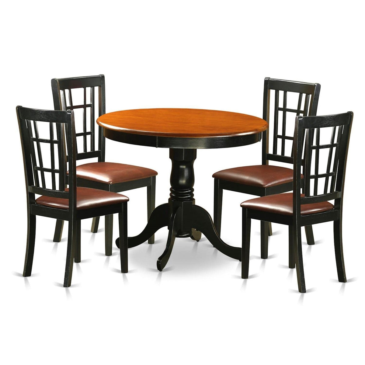 Casafoyer Anni5-Blk-Lc 5 Piece Dinette Set For 4 Includes A Round Kitchen Table With Pedestal And 4 Faux Leather Kitchen Dining Chairs, 36X36 Inch, Black & Cherry