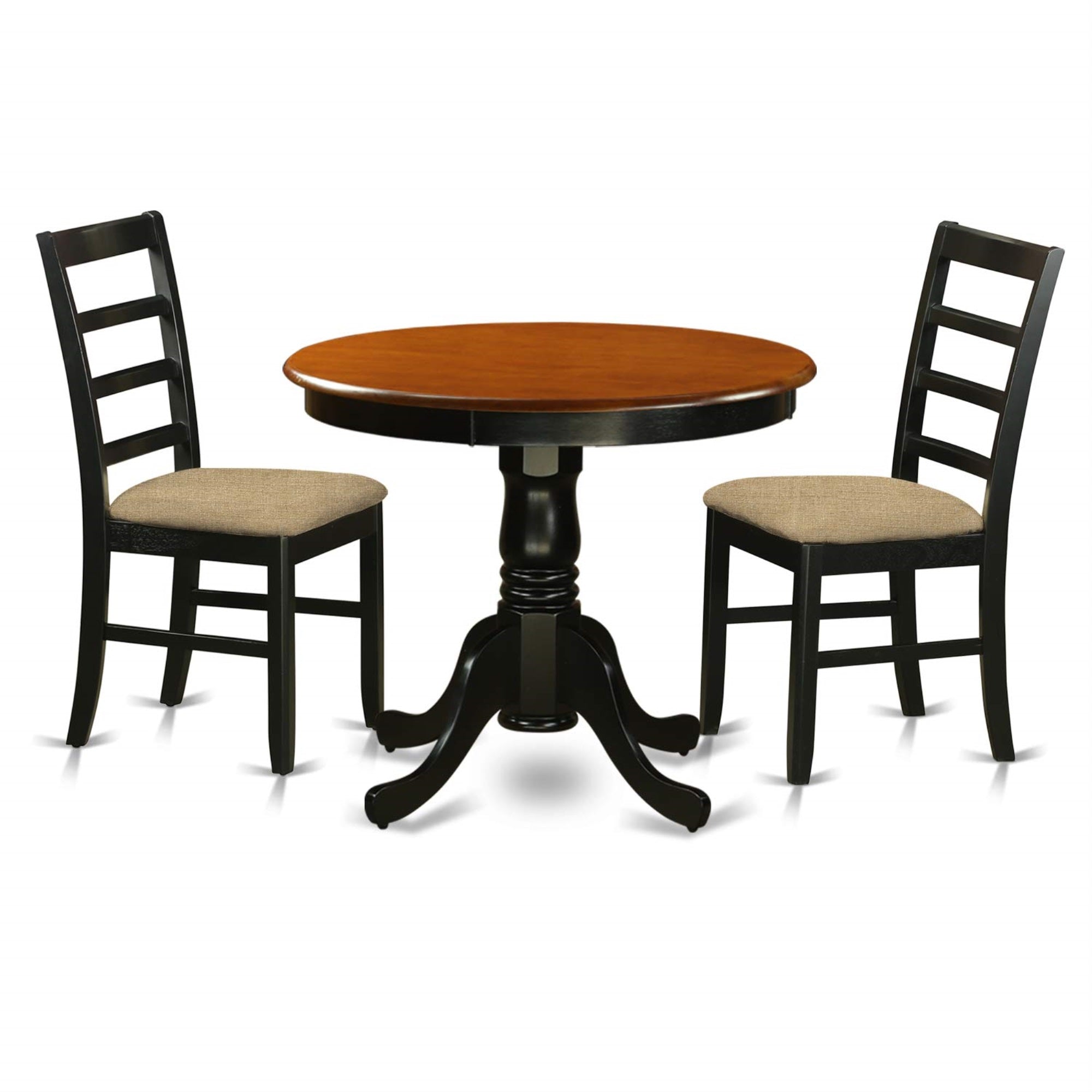 East West Furniture Anpf3-Blk-C 3 Piece Kitchen Set Contains A Round Dining Room Table With Pedestal And 2 Linen Fabric Upholstered Chairs, 36X36 Inch