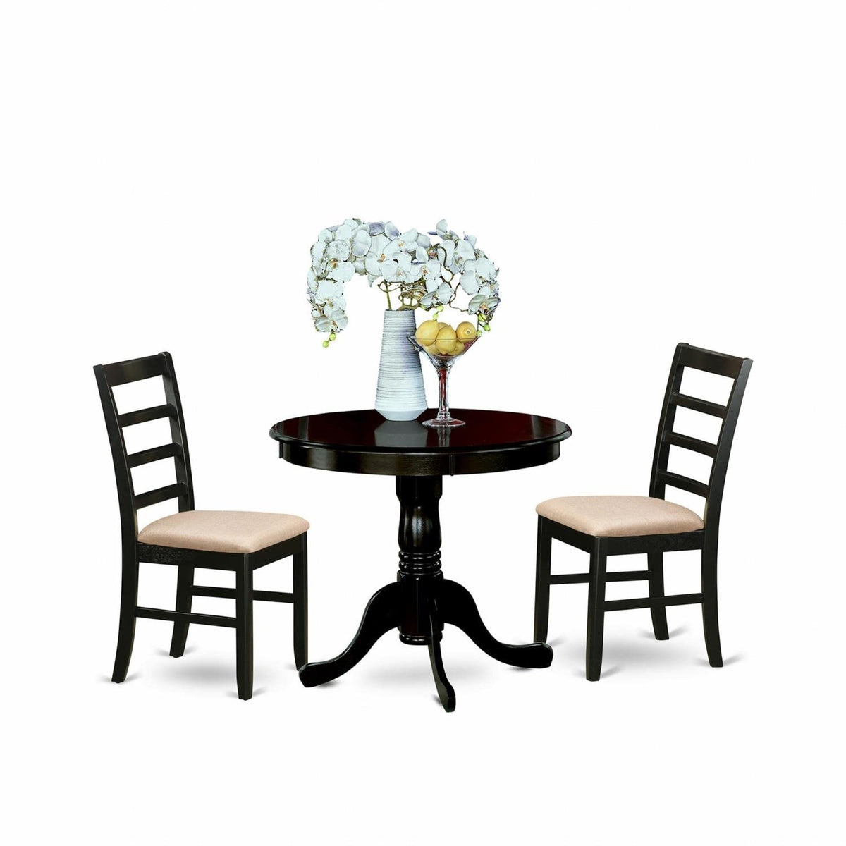 Casafoyer Anpf3-Cap-C 3 Piece Dining Room Furniture Set Contains A Round Kitchen Table With Pedestal And 2 Linen Fabric Upholstered Dining Chairs, 36X36 Inch, Cappuccino
