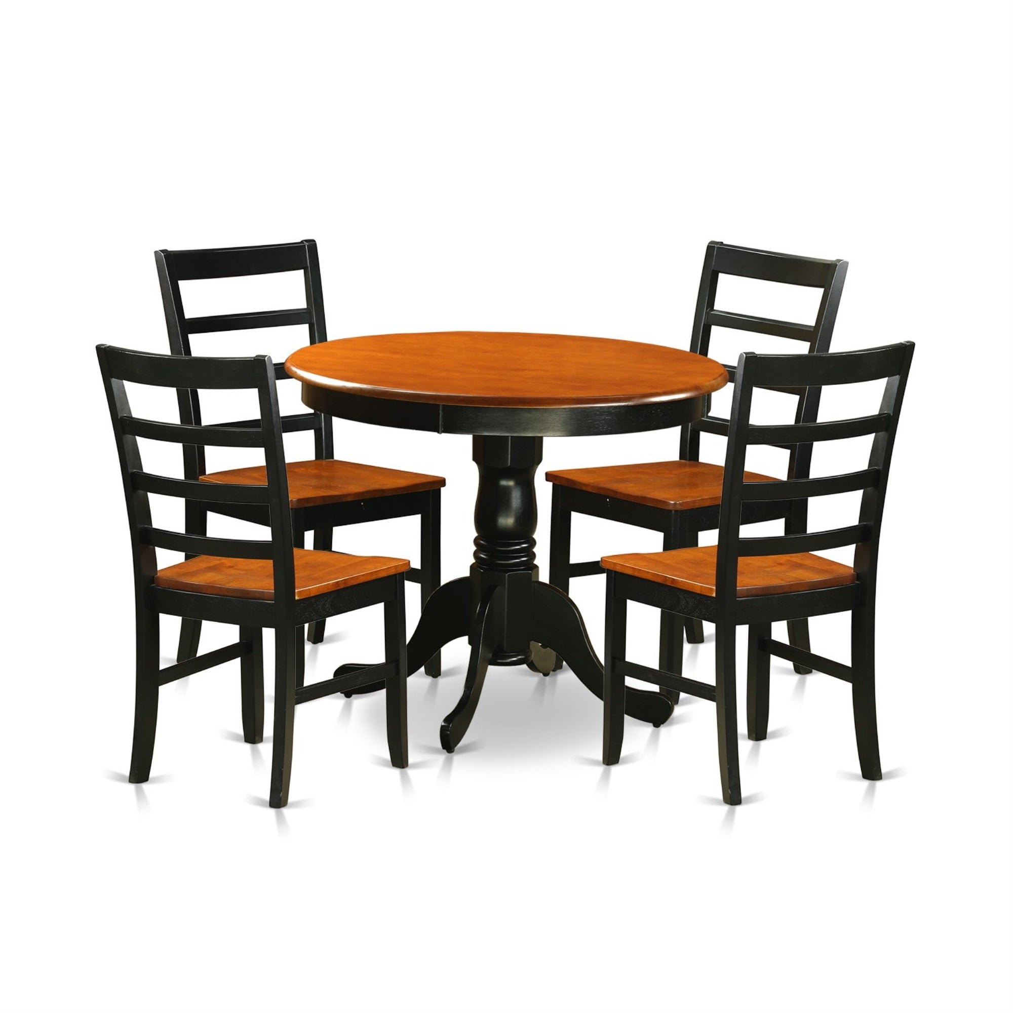 Ergode Anpf5-Blk-W, 5 Piece Kitchen Table Set, Round Top Table With Pedestal Leg, 4 Modern Chairs, Black & Cherry, Asian Wood Frame, Ladder Back, Wood Seat, Easy Assembly, Elegant & Durable
