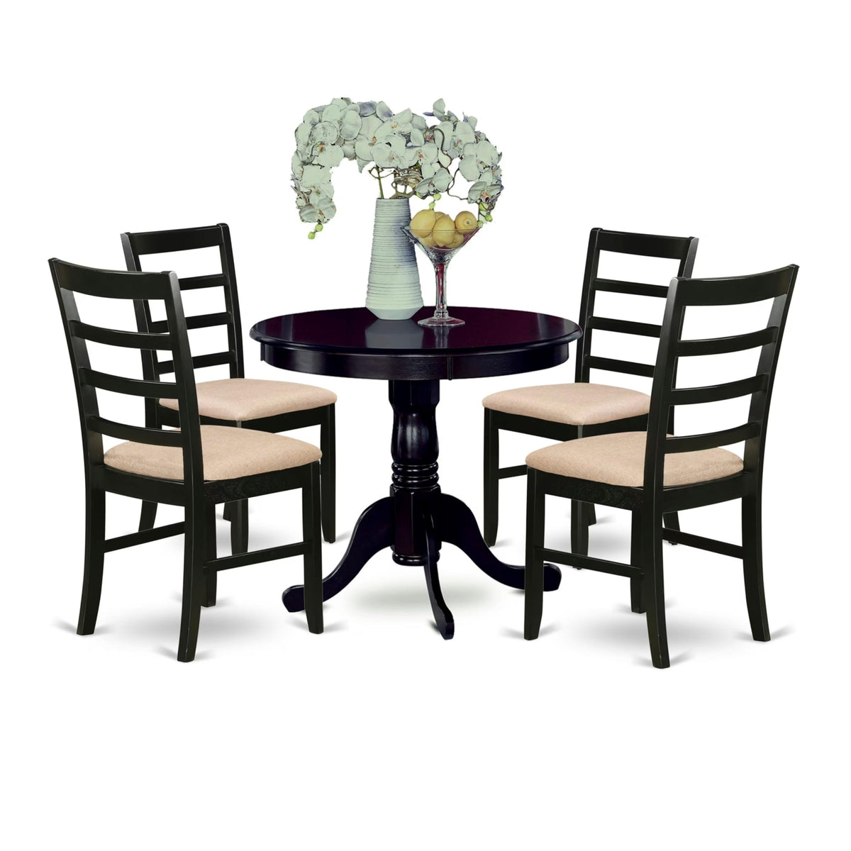 Casafoyer Anpf5-Cap-C 5 Piece Dining Set Includes A Round Kitchen Table With Pedestal And 4 Linen Fabric Upholstered Dining Chairs, 36X36 Inch, Cappuccino