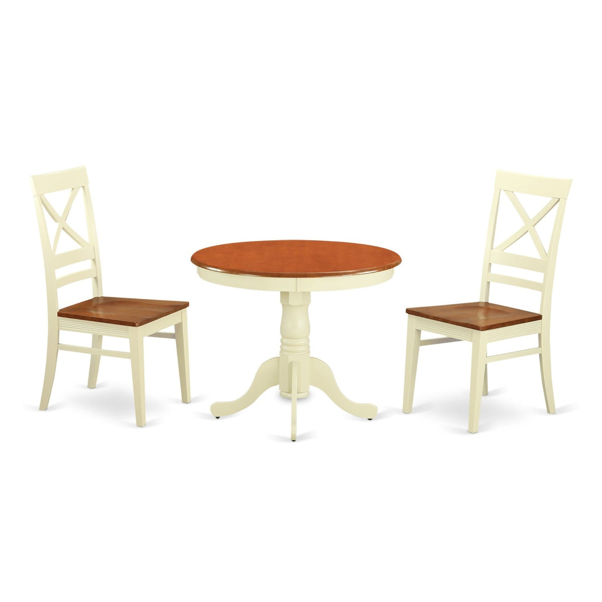 Casafoyer Antique 3 Piece Set Contains A Round Dining Room Table With Pedestal And 2 Wood Seat Chairs, 36X36 Inch, Buttermilk & Cherry