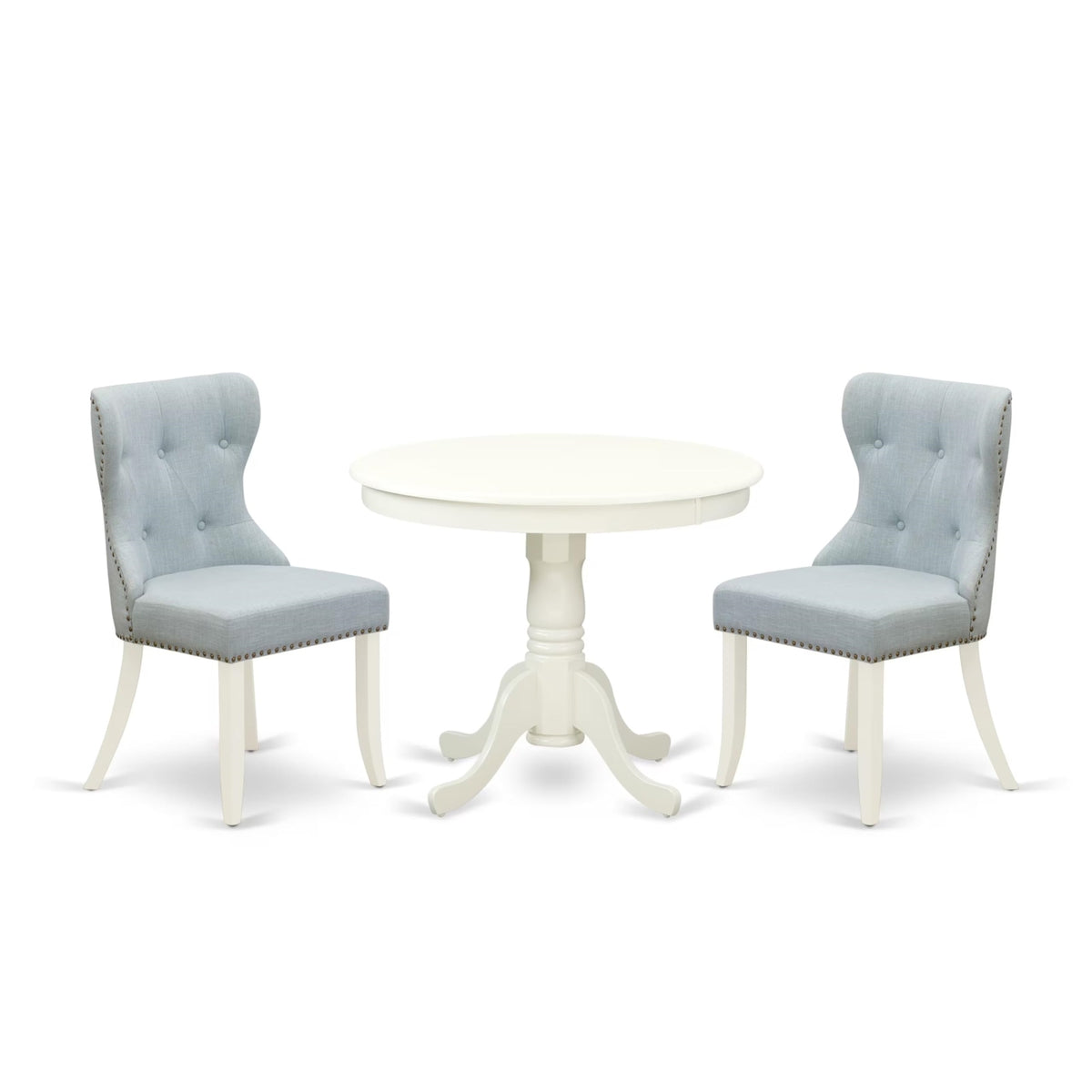 Casafoyer Ansi3-Lwh-15 3 Piece Kitchen Table & Chairs Set Contains A Round Dining Room Table With Pedestal And 2 Baby Blue Linen Fabric Parsons Chairs, 36X36 Inch, Linen White