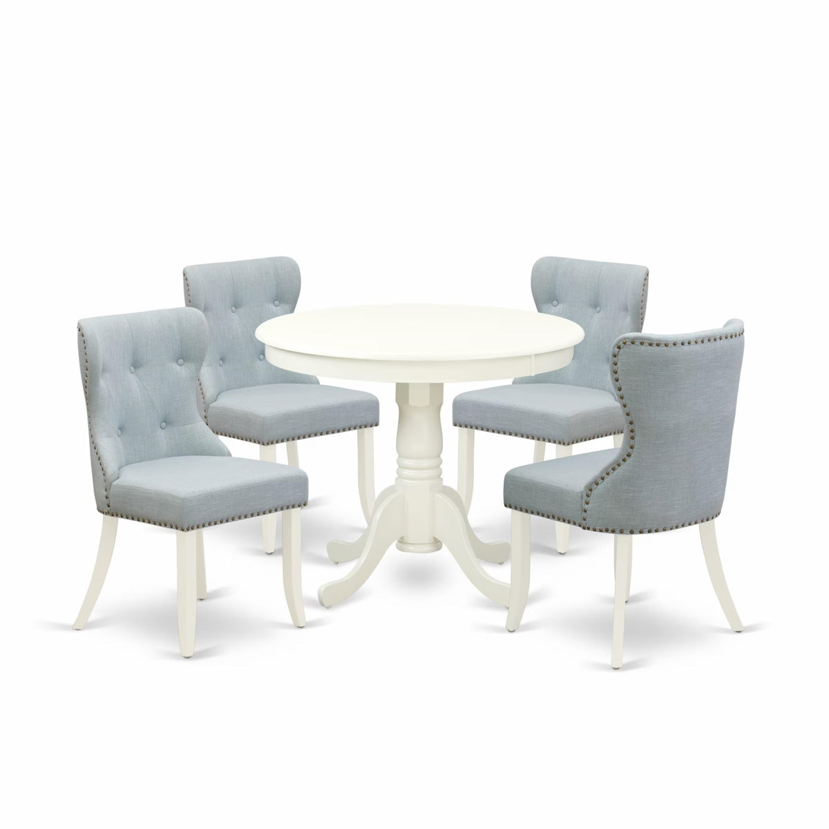 Casafoyer Ansi5-Lwh-15 5 Piece Dining Room Furniture Set Includes A Round Dining Table With Pedestal And 4 Baby Blue Linen Fabric Upholstered Chairs, 36X36 Inch, Linen White