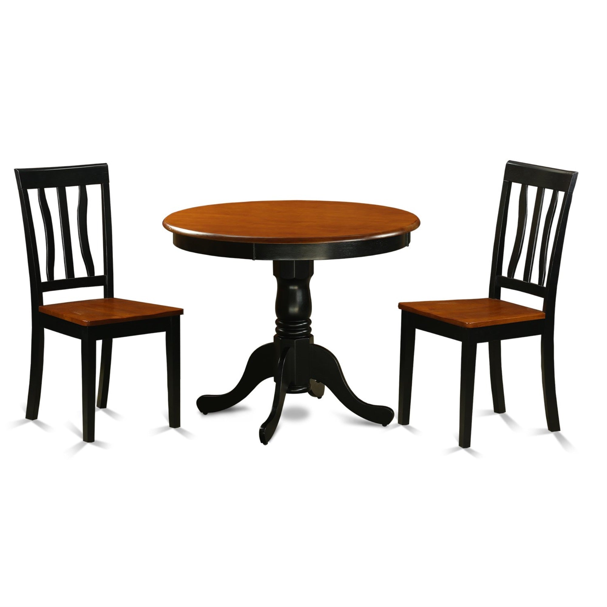 East West Furniture Anti3-Blk-W Antique 3 Piece Kitchen Set Contains A Round Dining Room Table With Pedestal And 2 Solid Wood Seat Chairs, 36X36 Inch