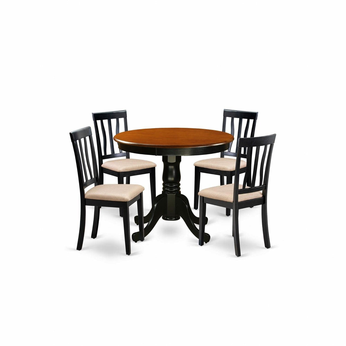 Casafoyer Anti5-Blk-C 5 Piece Dining Table Set For 4 Includes A Round Kitchen Table With Pedestal And 4 Linen Fabric Kitchen Dining Chairs, 36X36 Inch, Black & Cherry