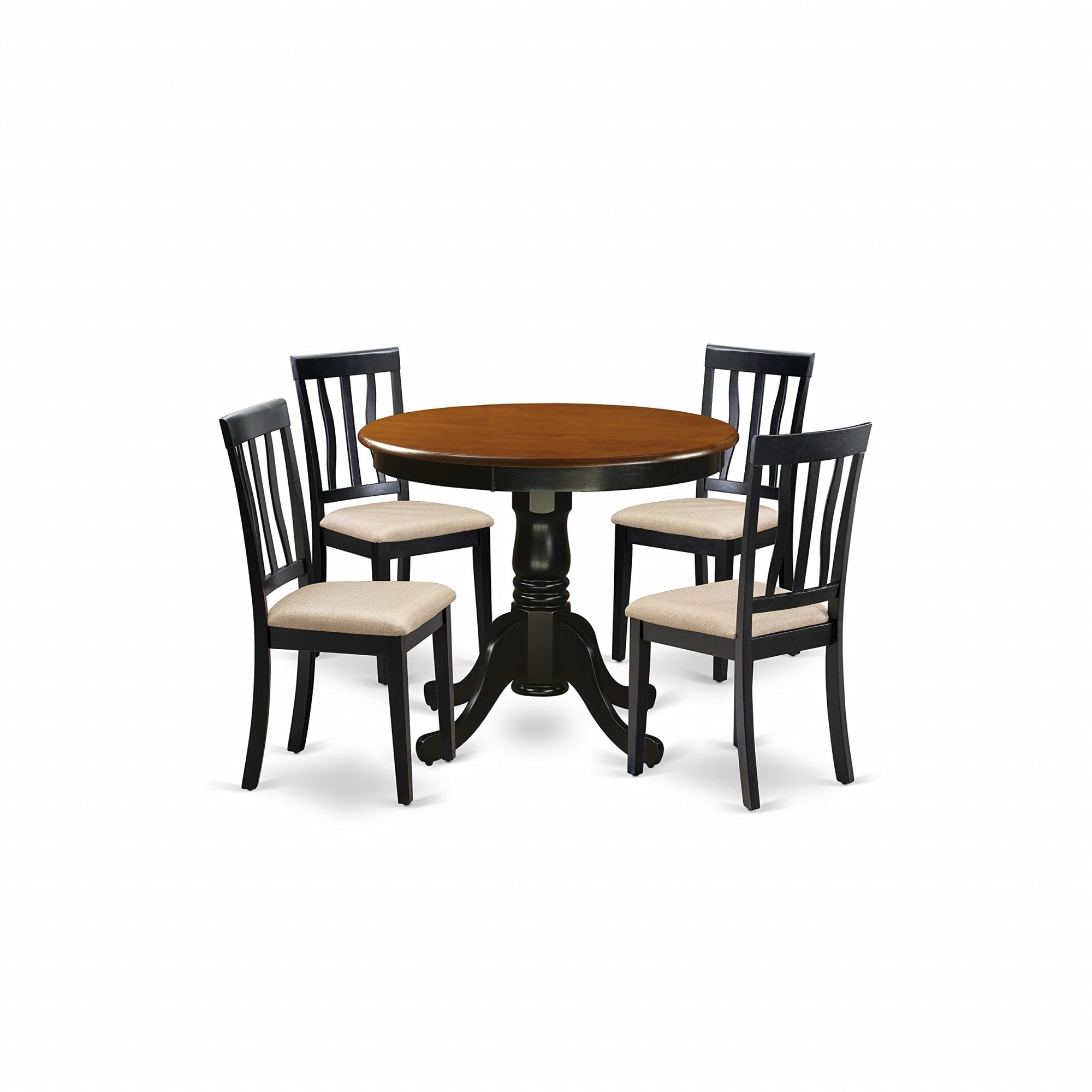 Ergode Anti5-Blk-C, 5 Piece Dining Room Set, Round Table With Pedestal, 4 Linen Fabric Chairs, Asian Wood, Sturdy & Comfortable, Black, 36X36 Inch