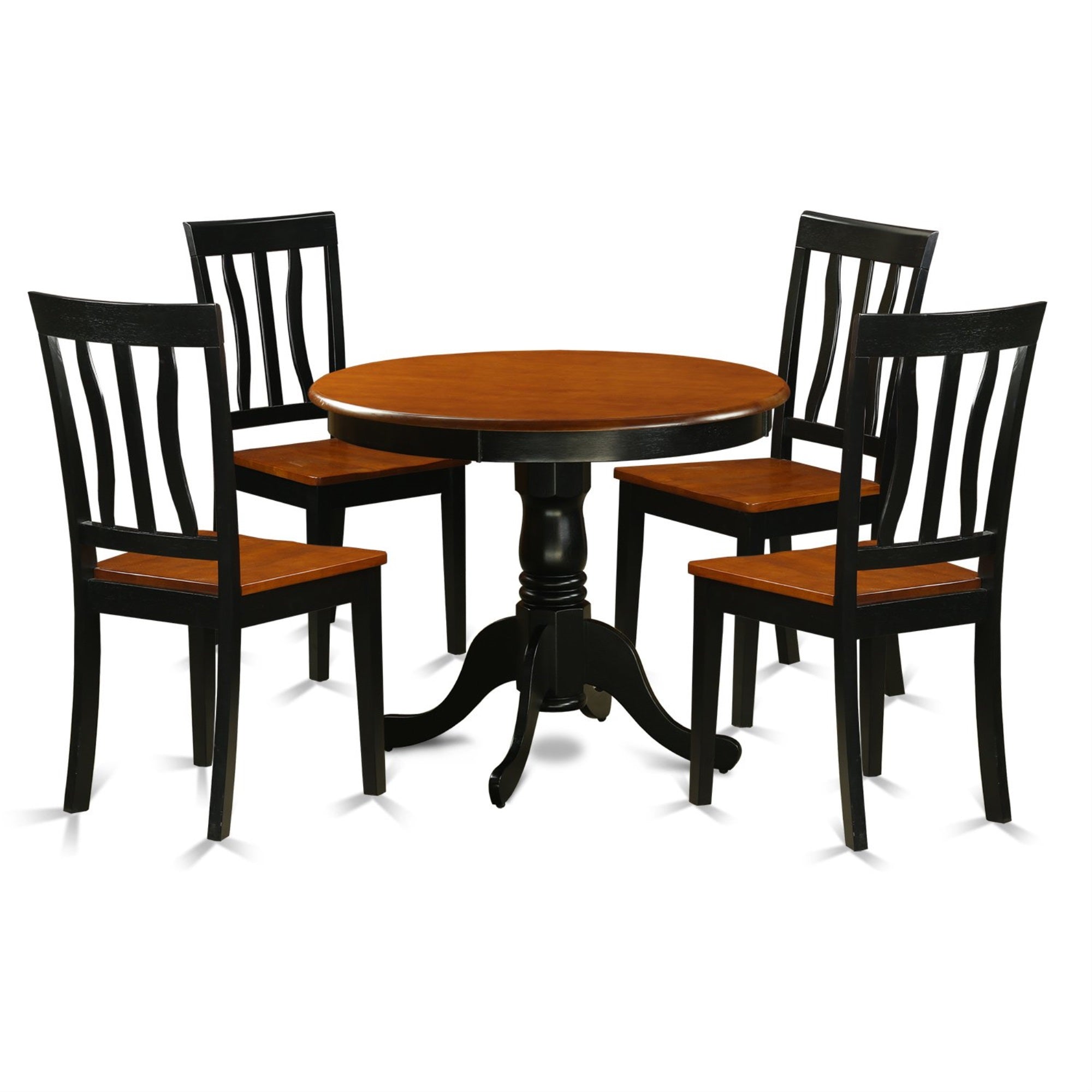 East West Furniture Antique 5 Piece Kitchen Set For 4 Includes A Round Room Table With Pedestal And 4 Dining Chairs, 36X36 Inch, Anti5-Blk-W