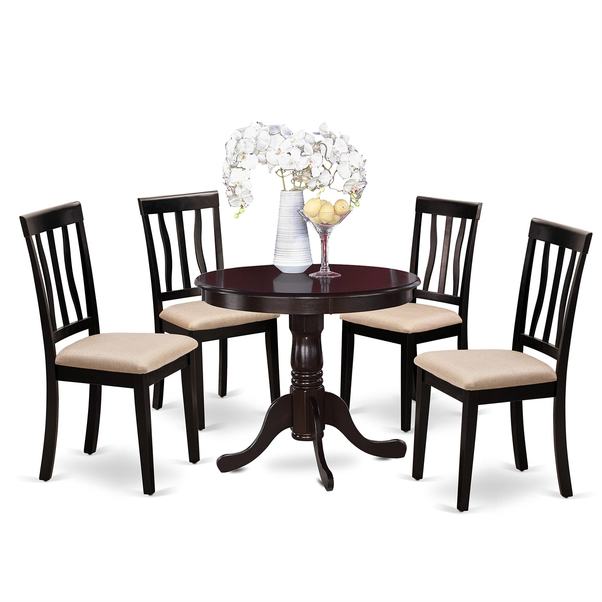 Ergode Anti5-Cap-C Kitchen Table Set, 5 Piece Round Dining Set With Wooden Chairs, High-Quality Asian Wood, Cappuccino Color, 36X36 Inch Table, Linen Fabric Seats, Easy Assembly & Transport