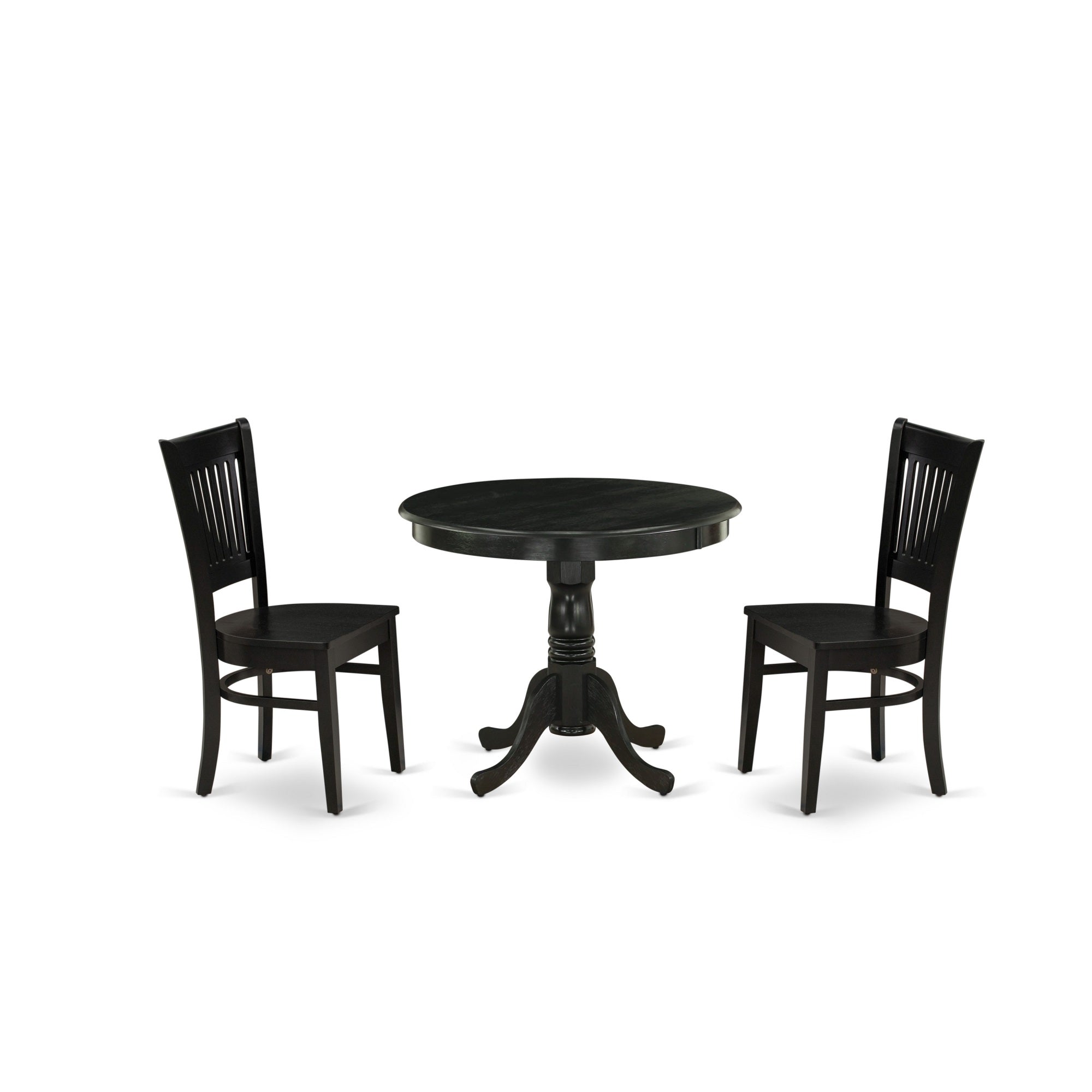East West Furniture - Anva3-Blk-W - 3-Piece Dining Room Set- 2 Kitchen Chair And Modern Dining Room Table - Wooden Seat And Slatted Chair Back - Black Finish