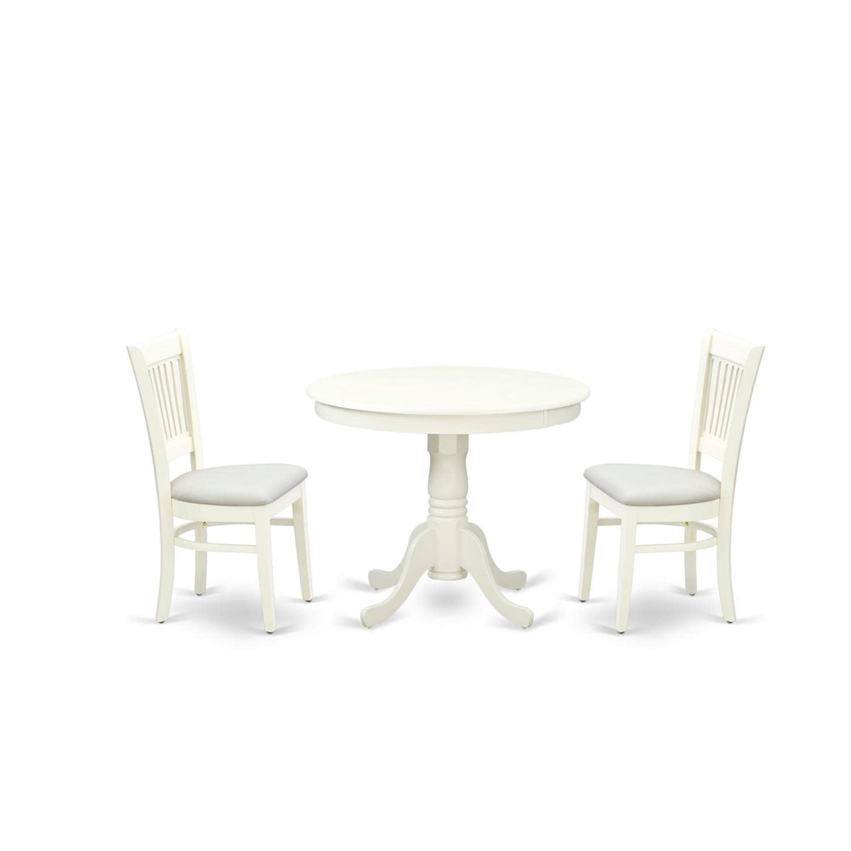 Casafoyer Anva3-Lwh-C 3 Piece Dining Table Set For Small Spaces Contains A Round Kitchen Table With Pedestal And 2 Linen Fabric Kitchen Dining Chairs, 36X36 Inch, Linen White