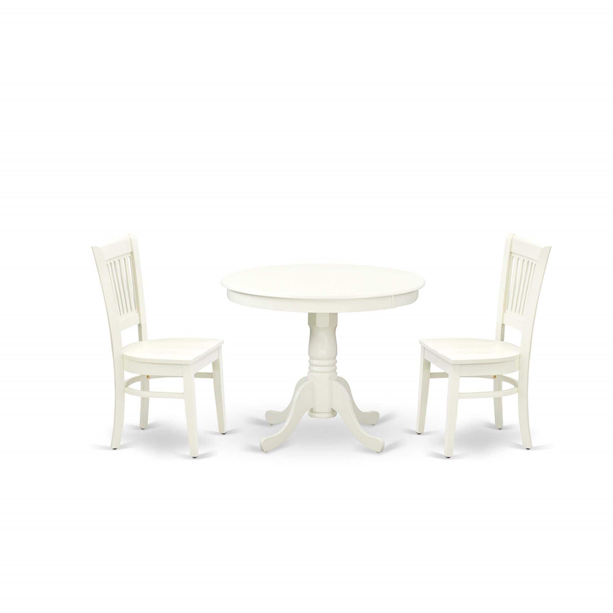 East West Furniture Anva3-Lwh-W 3 Piece Dining Room Furniture Set Contains A Round Dining Table With Pedestal And 2 Wood Seat Chairs, 36X36 Inch, Linen White
