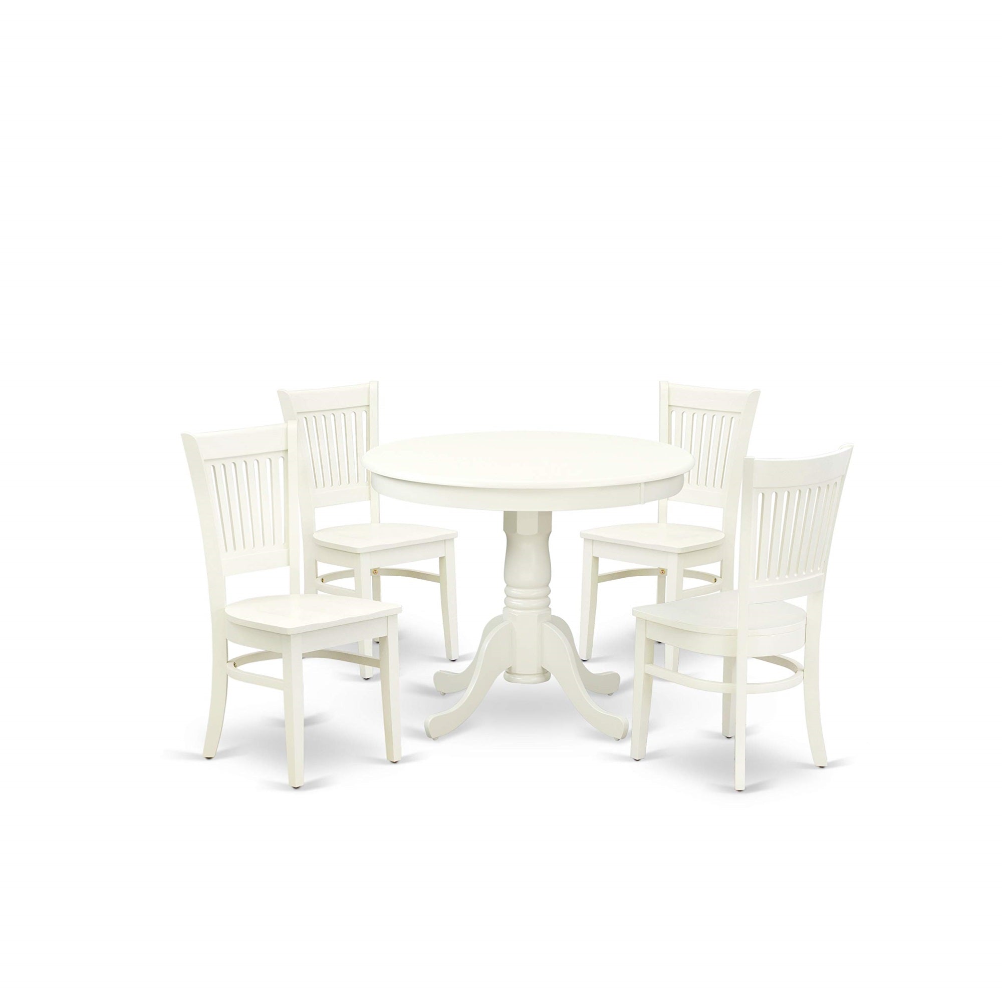 Anva5-Lwh-W 5-Piece Dining Room Set, Round Table With Pedestal & 4 Solid Wood Seat Chairs, 36X36 Inch, Linen White