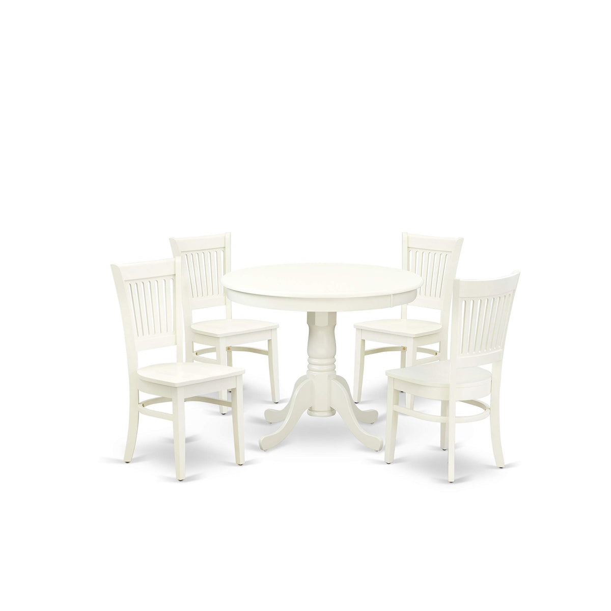 Anva5-Lwh-W 5-Piece Dining Room Set, Round Table With Pedestal & 4 Solid Wood Seat Chairs, 36X36 Inch, Linen White