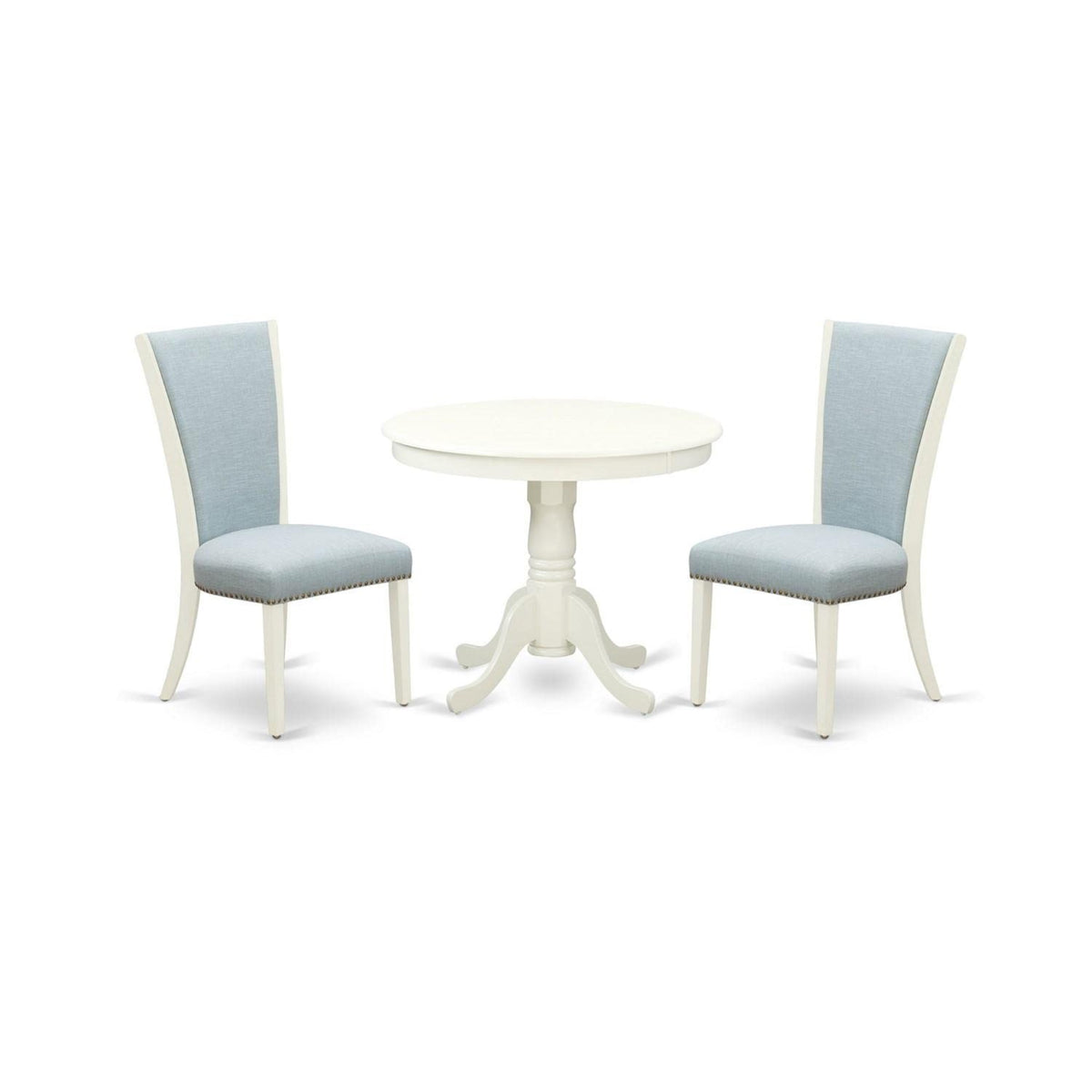Casafoyer Anve3-Lwh-15 3 Piece Dining Table Set Contains A Round Dining Room Table With Pedestal And 2 Baby Blue Linen Fabric Upholstered Chairs, 36X36 Inch, Linen White