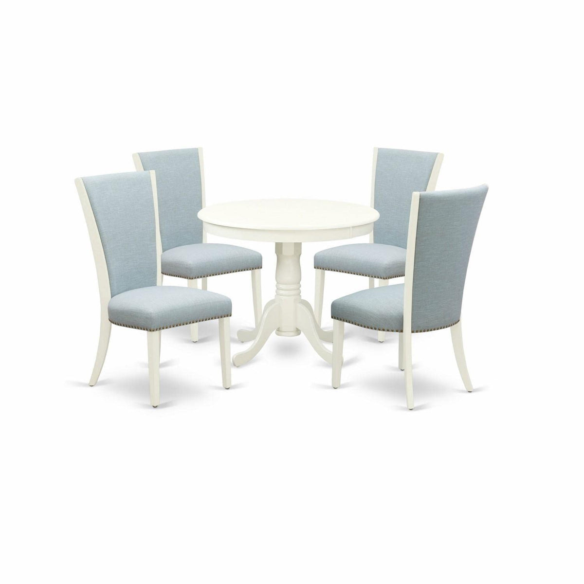 Casafoyer Anve5-Lwh-15 5 Piece Dining Room Furniture Set Includes A Round Kitchen Table With Pedestal And 4 Baby Blue Linen Fabric Parson Dining Chairs, 36X36 Inch, Linen White