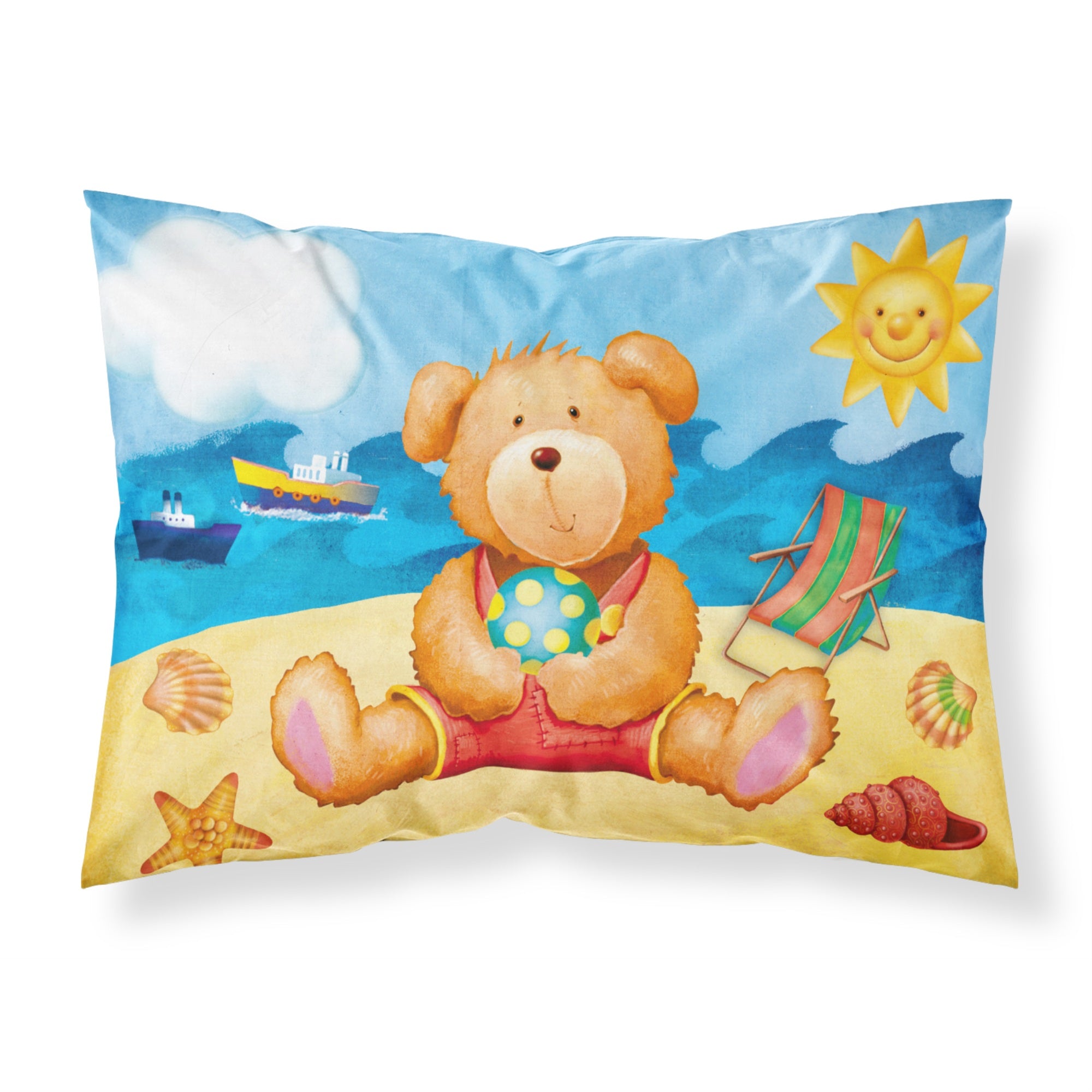 Caroline'S Treasures Teddy Bear On The Beach Printed, Polyester Envelope Closure Pillowcase, Standard, Multicolor