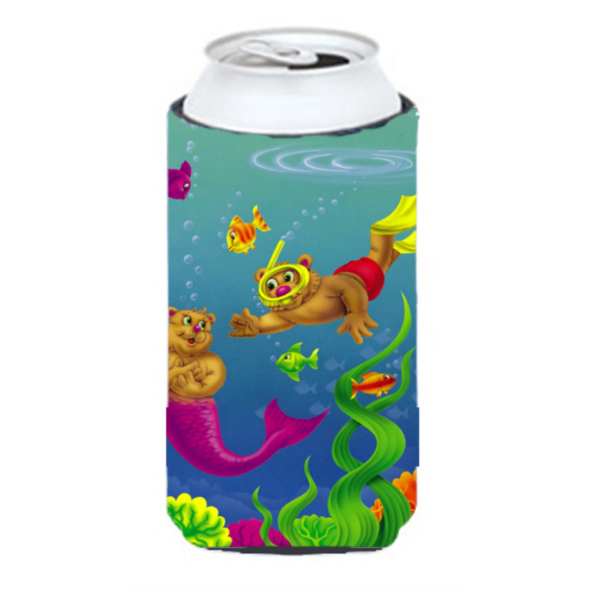 Caroline'S Treasures Aph0414Tbc Teddy Bear Mermaid And Diver Tall Boy Koozie Hugger, Multicolor