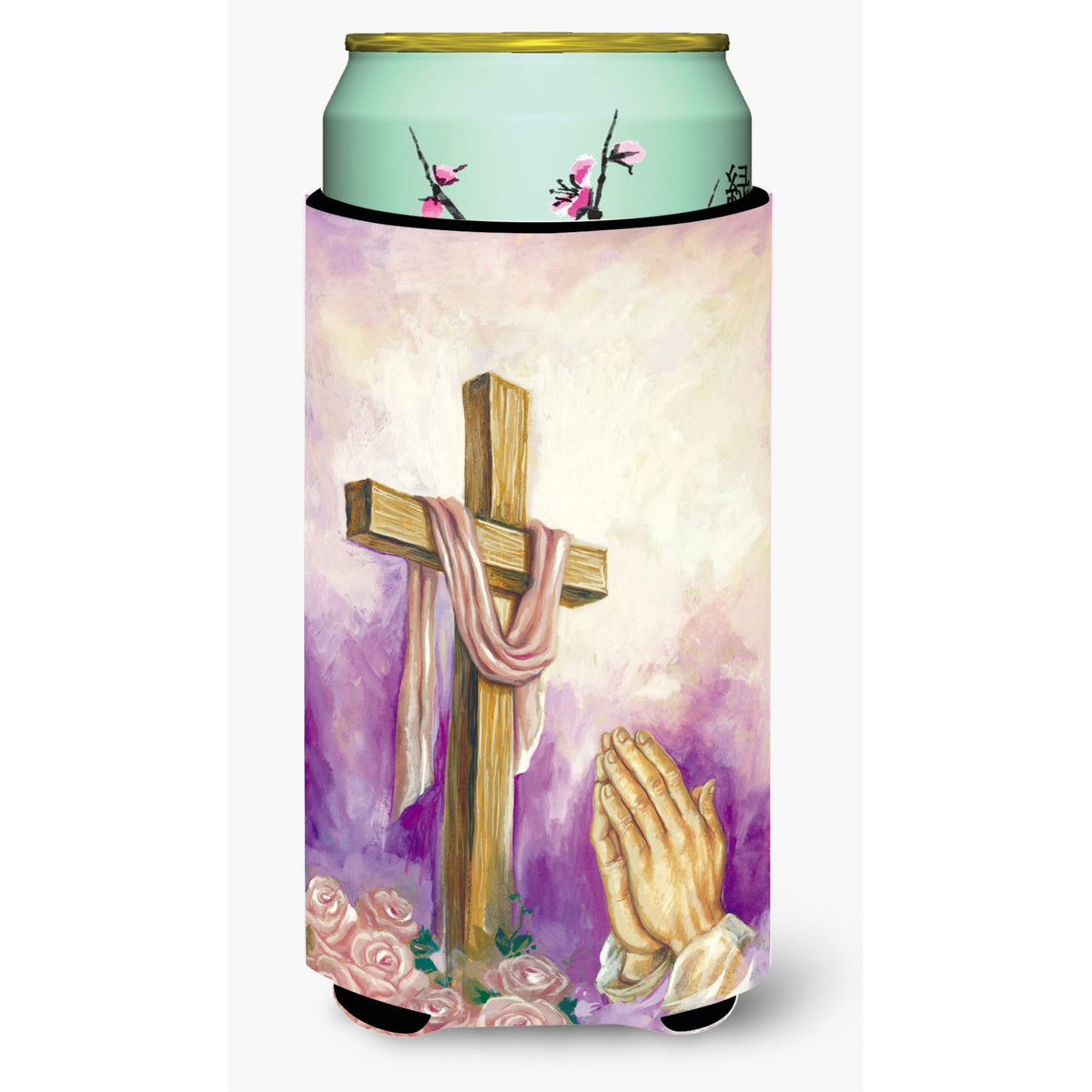 Caroline'S Treasures Easter Cross With Praying Hands Tall Boy Koozie Hugger, Multicolor