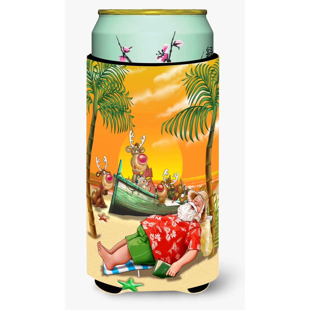 Caroline'S Treasures Beach Christmas Santa Claus Napping Tall Boy Koozie Hugger, Multicolor