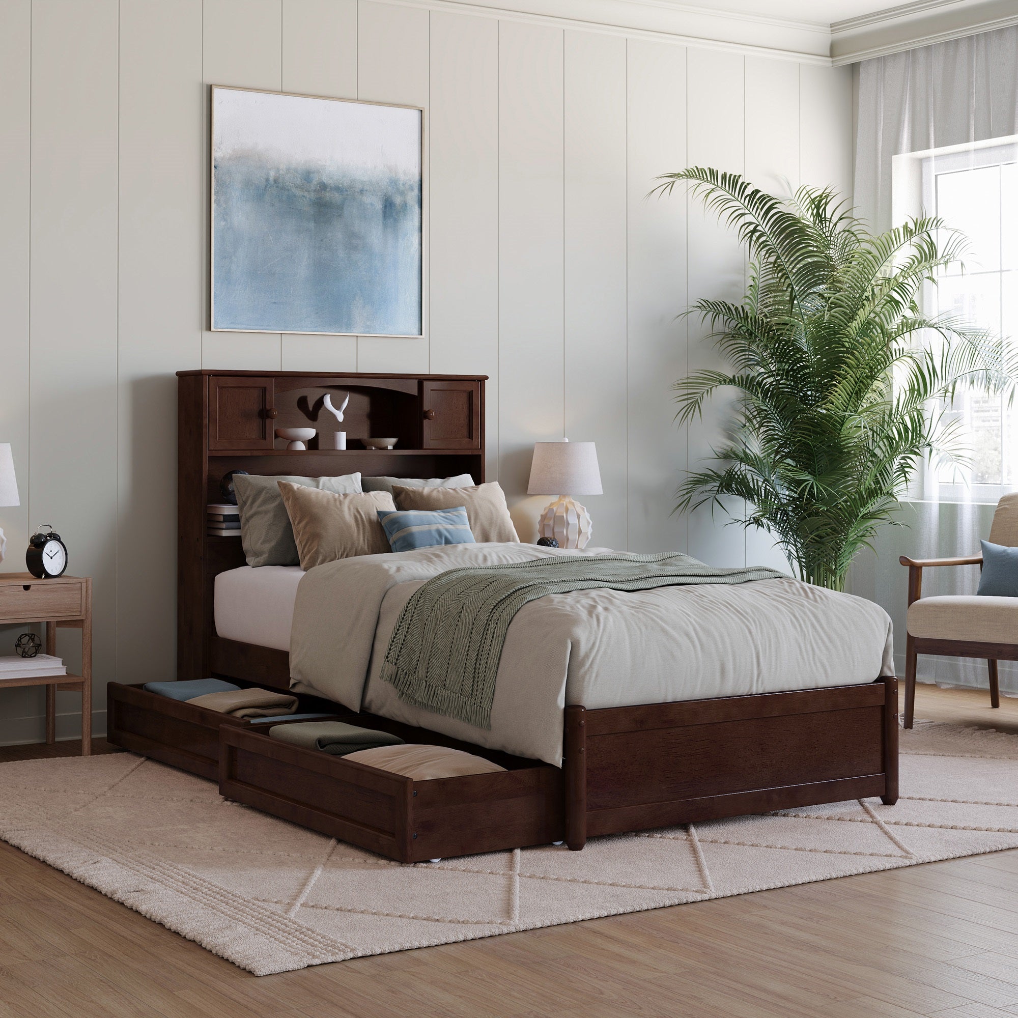 Denver Twin XL Platform Bed with Storage Drawers in Walnut