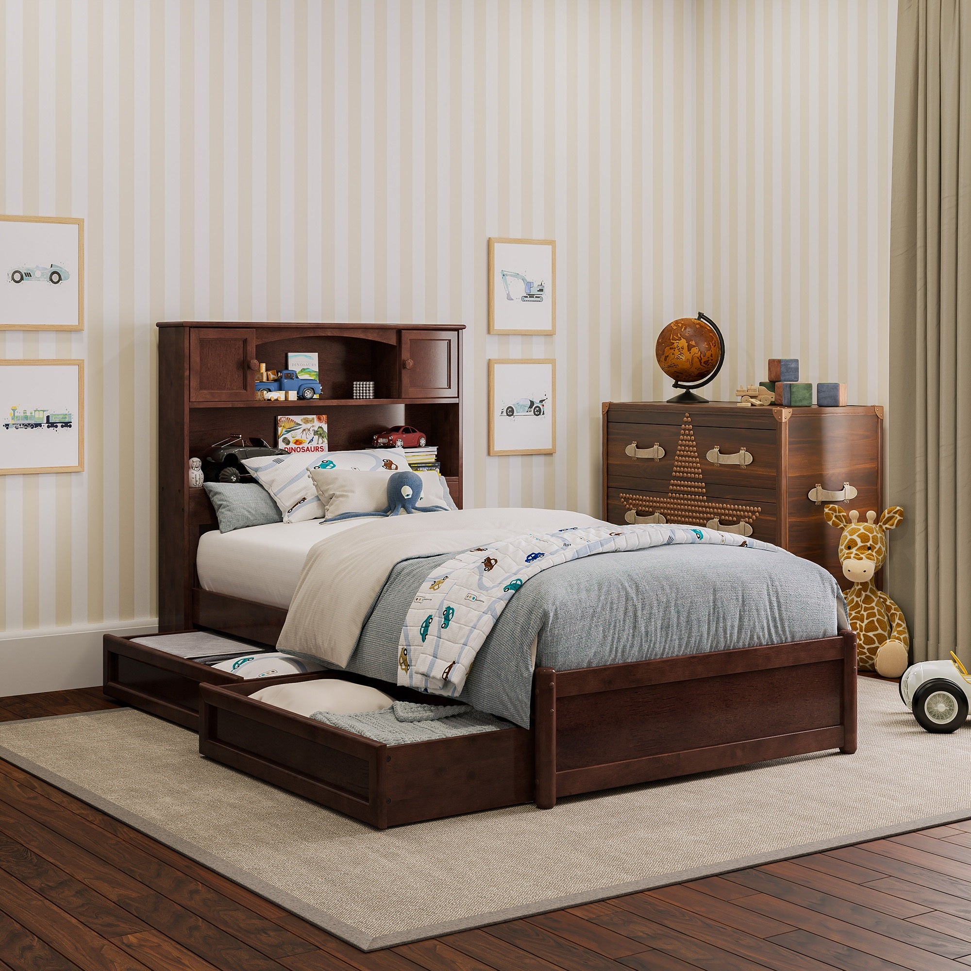 Denver Twin Platform Bed with Storage Drawers in Walnut