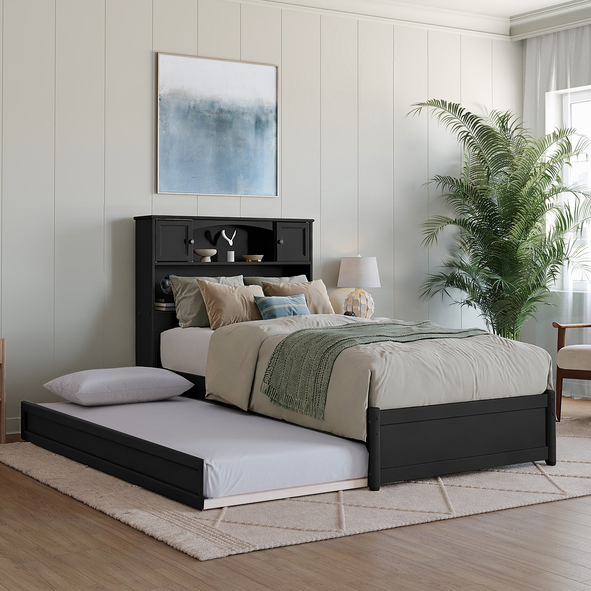 Denver Twin XL Platform Bed with Twin XL Trundle in Black