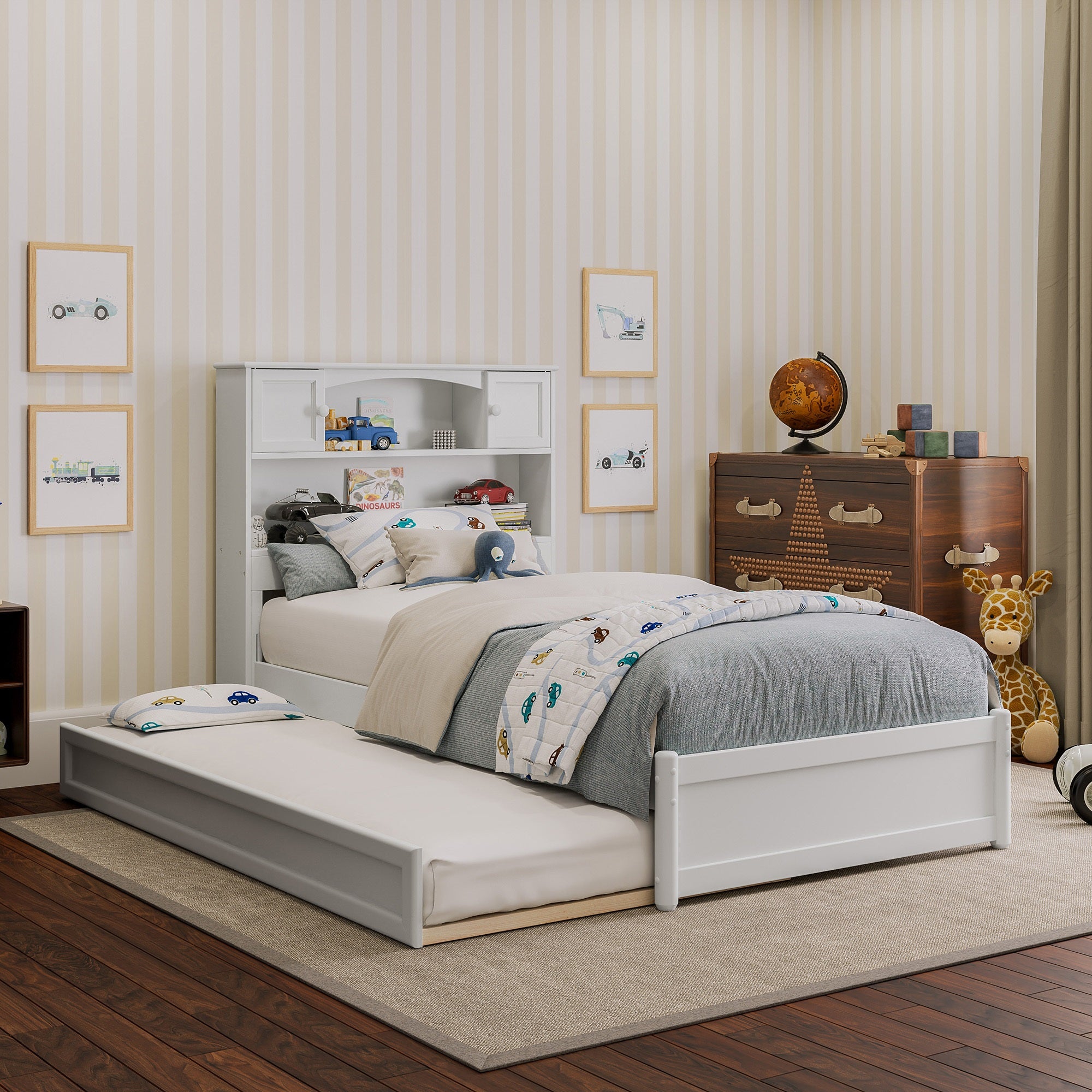 Denver Twin Platform Bed with Twin Trundle in White