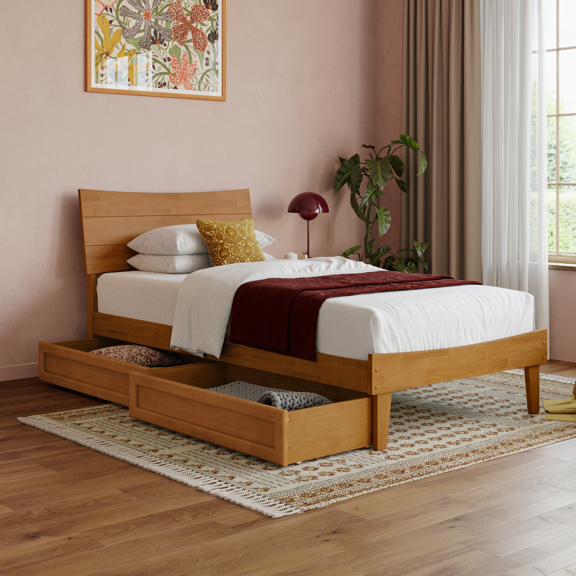 Phoenix Twin XL Platform Bed with Storage Drawers in Light Toffee