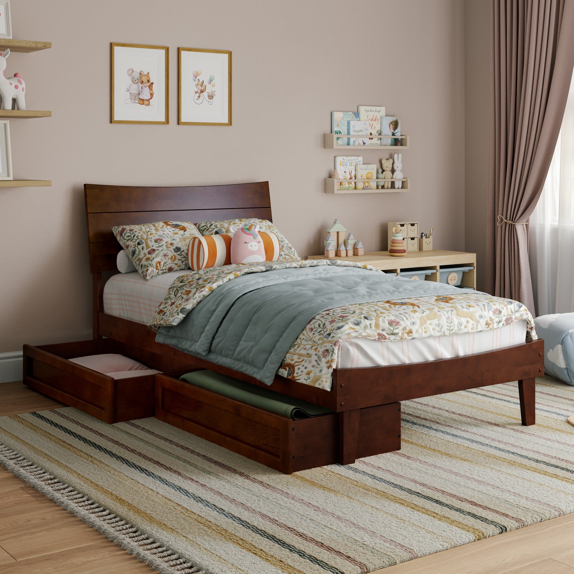 Phoenix Twin Platform Bed with Storage Drawers in Walnut