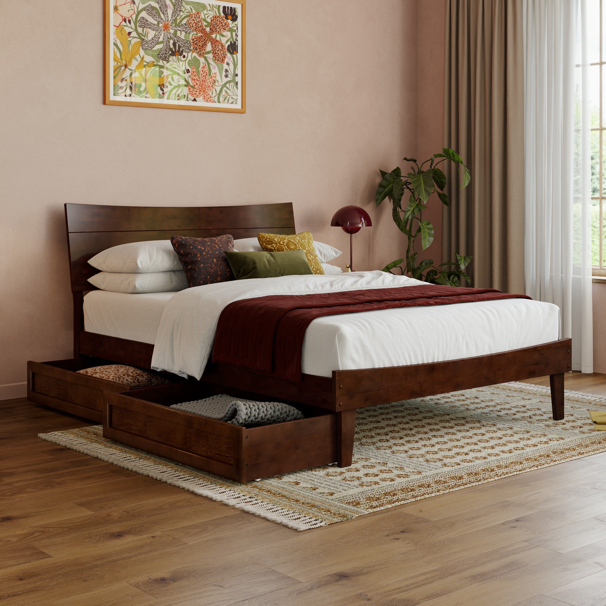 Phoenix Full Platform Bed with Storage Drawers in Walnut