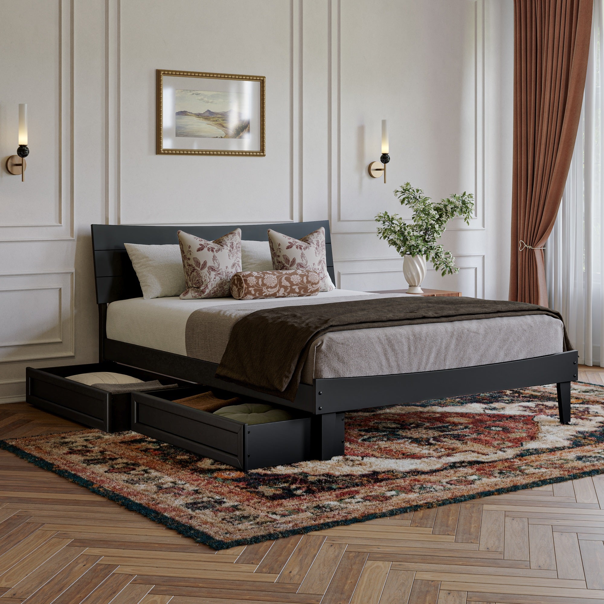 Phoenix Queen Platform Bed with Storage Drawers in Black