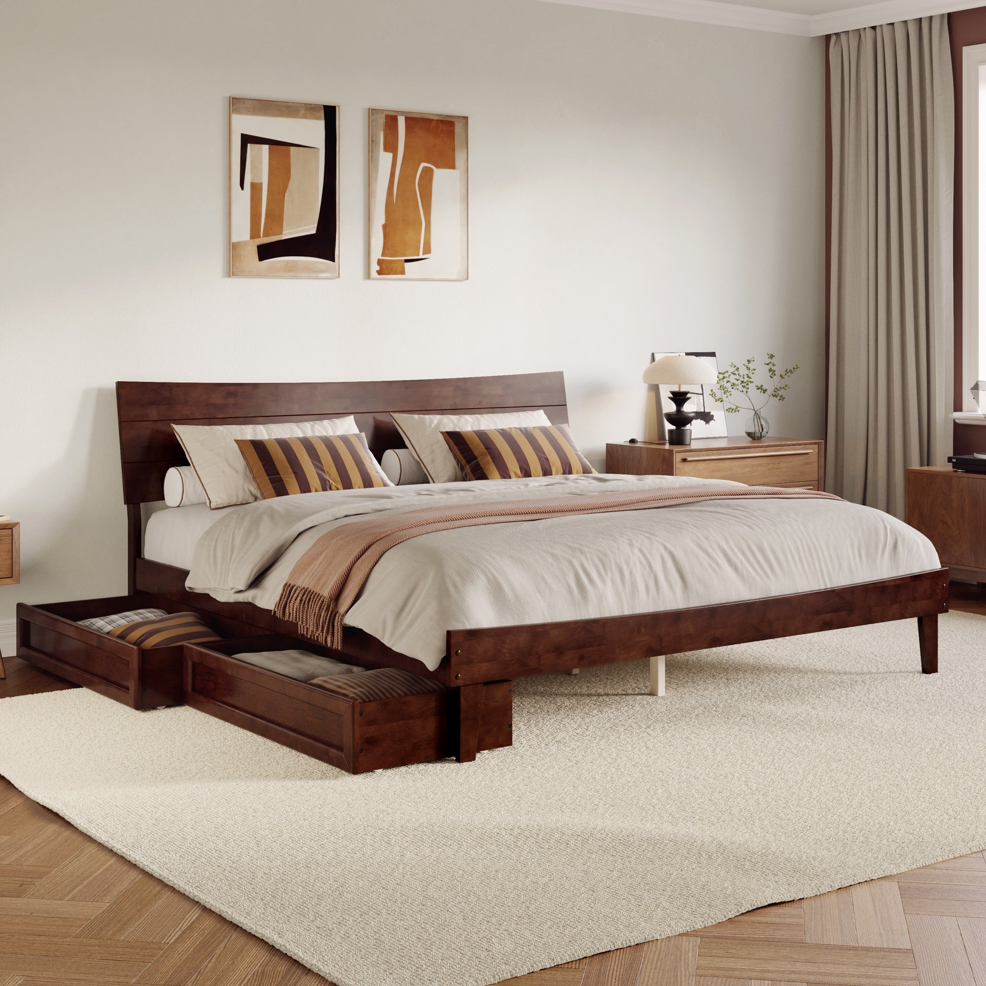 Phoenix King Platform Bed with Storage Drawers in Walnut