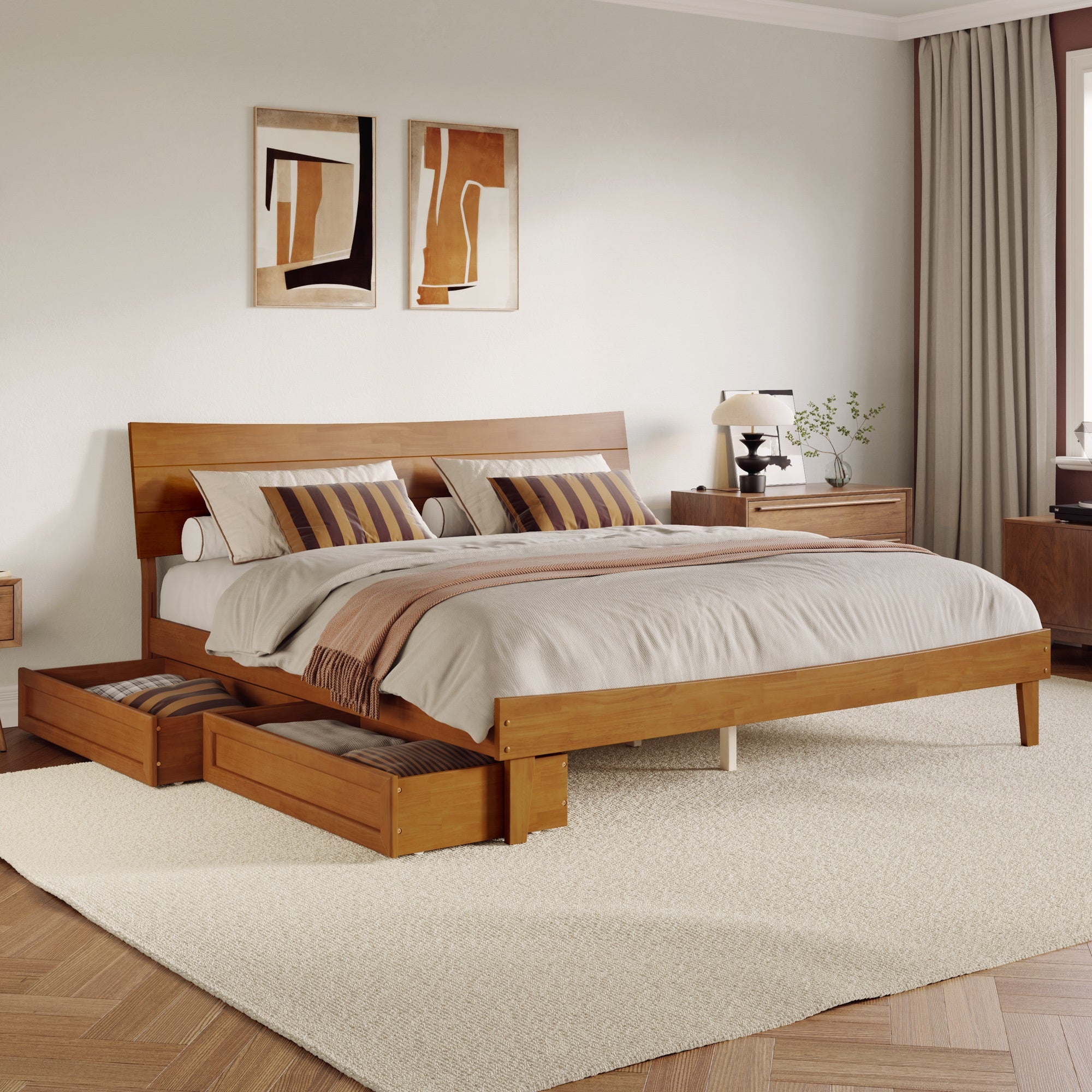 Phoenix King Platform Bed with Storage Drawers in Light Toffee