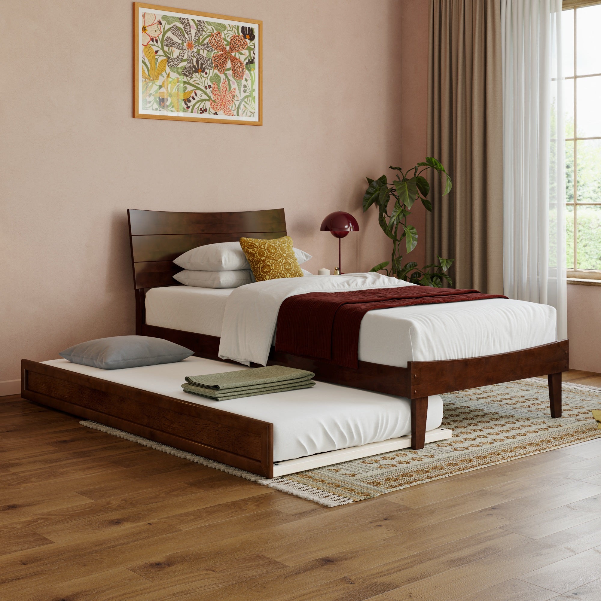 Phoenix Twin XL Platform Bed with Twin XL Trundle in Walnut