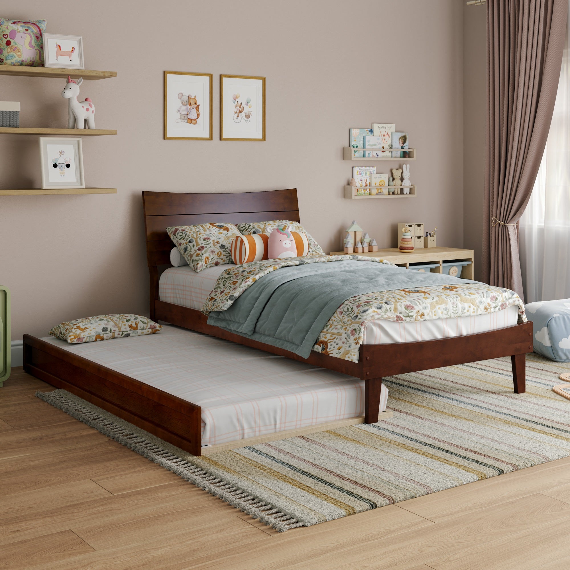 Phoenix Twin Platform Bed with Twin Trundle in Walnut