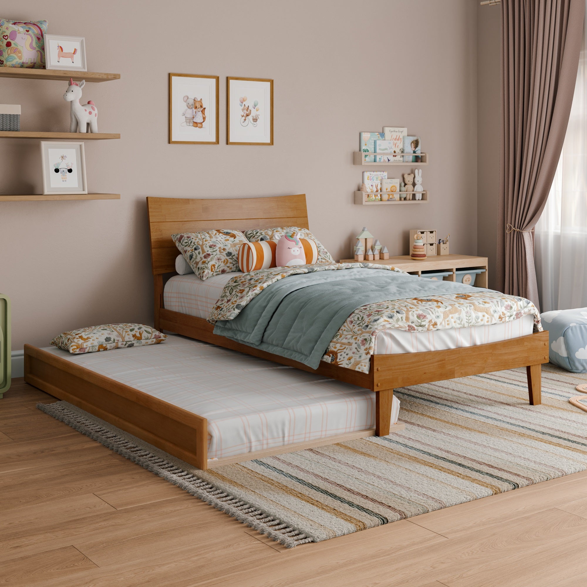 Phoenix Twin Platform Bed with Twin Trundle in Light Toffee