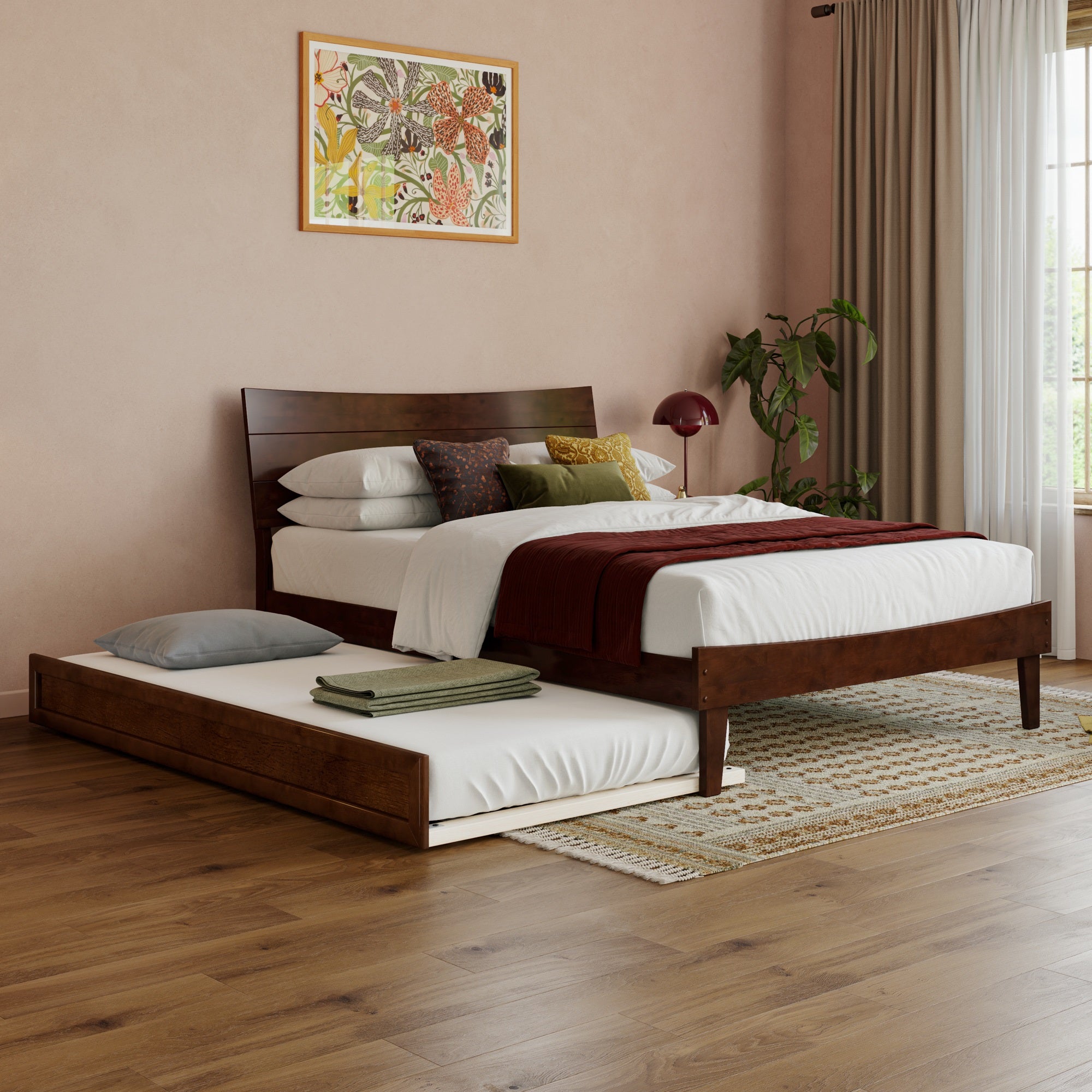 Phoenix Full Platform Bed with Twin Trundle in Walnut