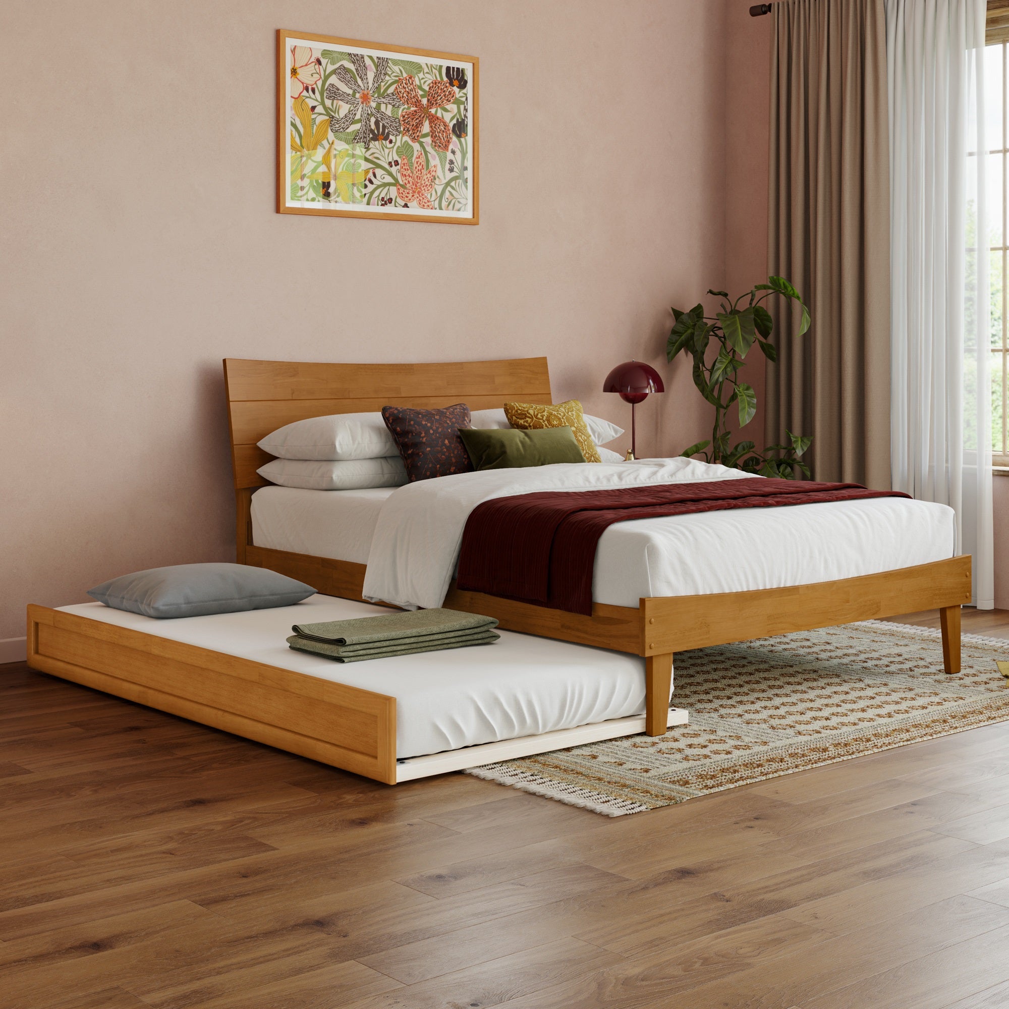 Phoenix Full Platform Bed with Twin Trundle in Light Toffee
