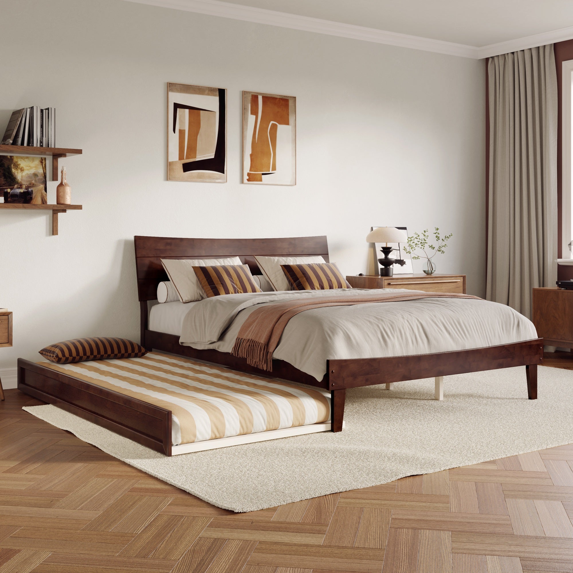 Phoenix Queen Platform Bed with Twin XL Trundle in Walnut